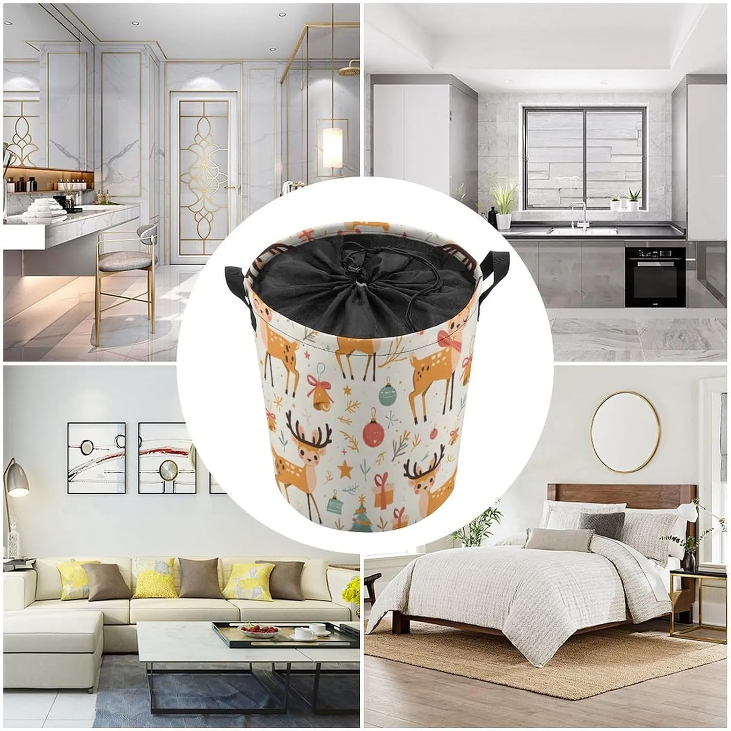 Laundry Hampers, Large Drawstring Laundry Bag, Removable Laundry Bags, Collapsible Storage Bin with Handles for Home Organization, Kids Room, Nursery Deer