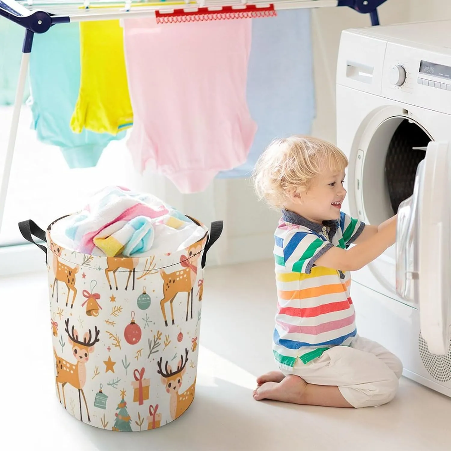 Laundry Hampers, Large Drawstring Laundry Bag, Removable Laundry Bags, Collapsible Storage Bin with Handles for Home Organization, Kids Room, Nursery Deer