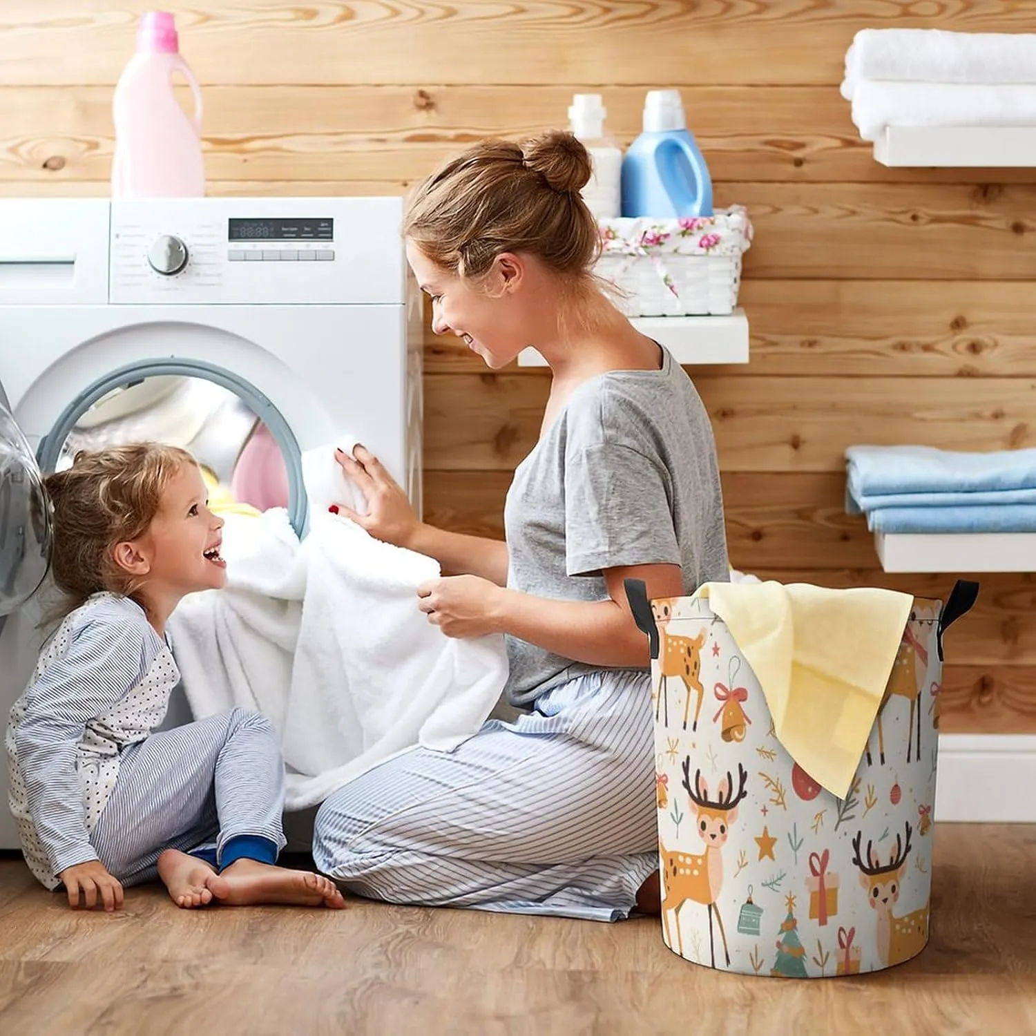Laundry Hampers, Large Drawstring Laundry Bag, Removable Laundry Bags, Collapsible Storage Bin with Handles for Home Organization, Kids Room, Nursery Deer