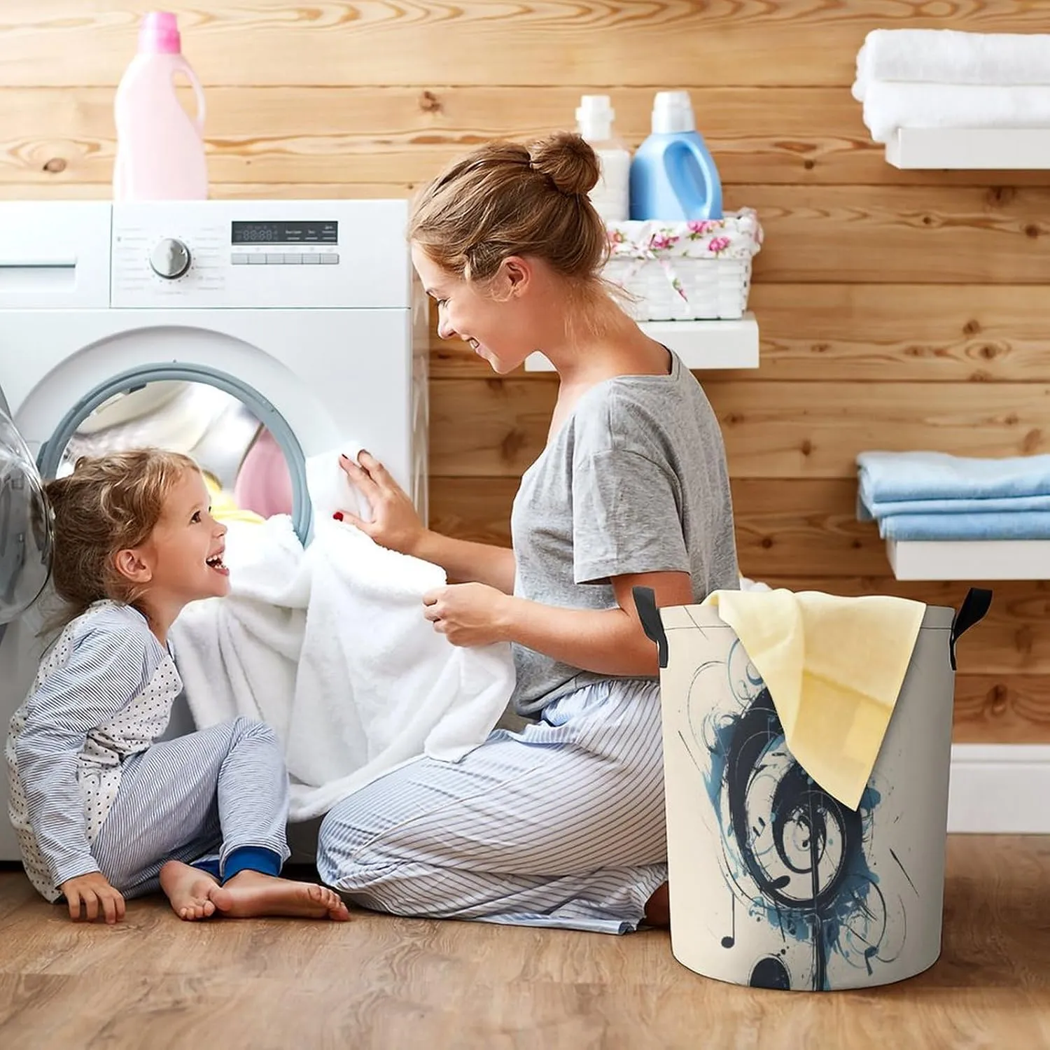 Laundry Hampers, Large Drawstring Laundry Bag, Removable Laundry Bags, Collapsible Storage Bin with Handles for Home Organization, Kids Room, Nursery Font
