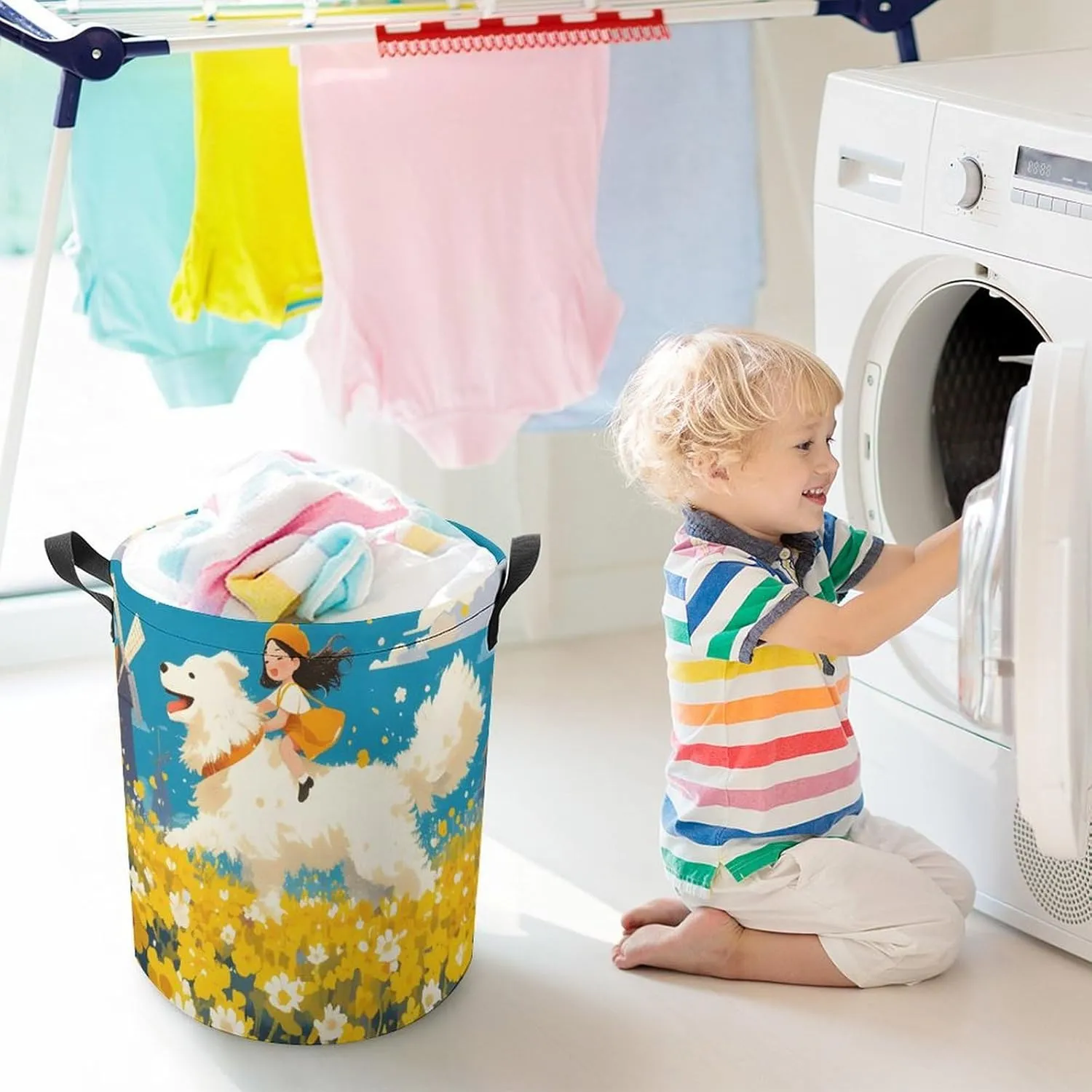 Laundry Hampers, Large Drawstring Laundry Bag, Removable Laundry Bags, Collapsible Storage Bin with Handles for Home Organization, Kids Room, Nursery Happy