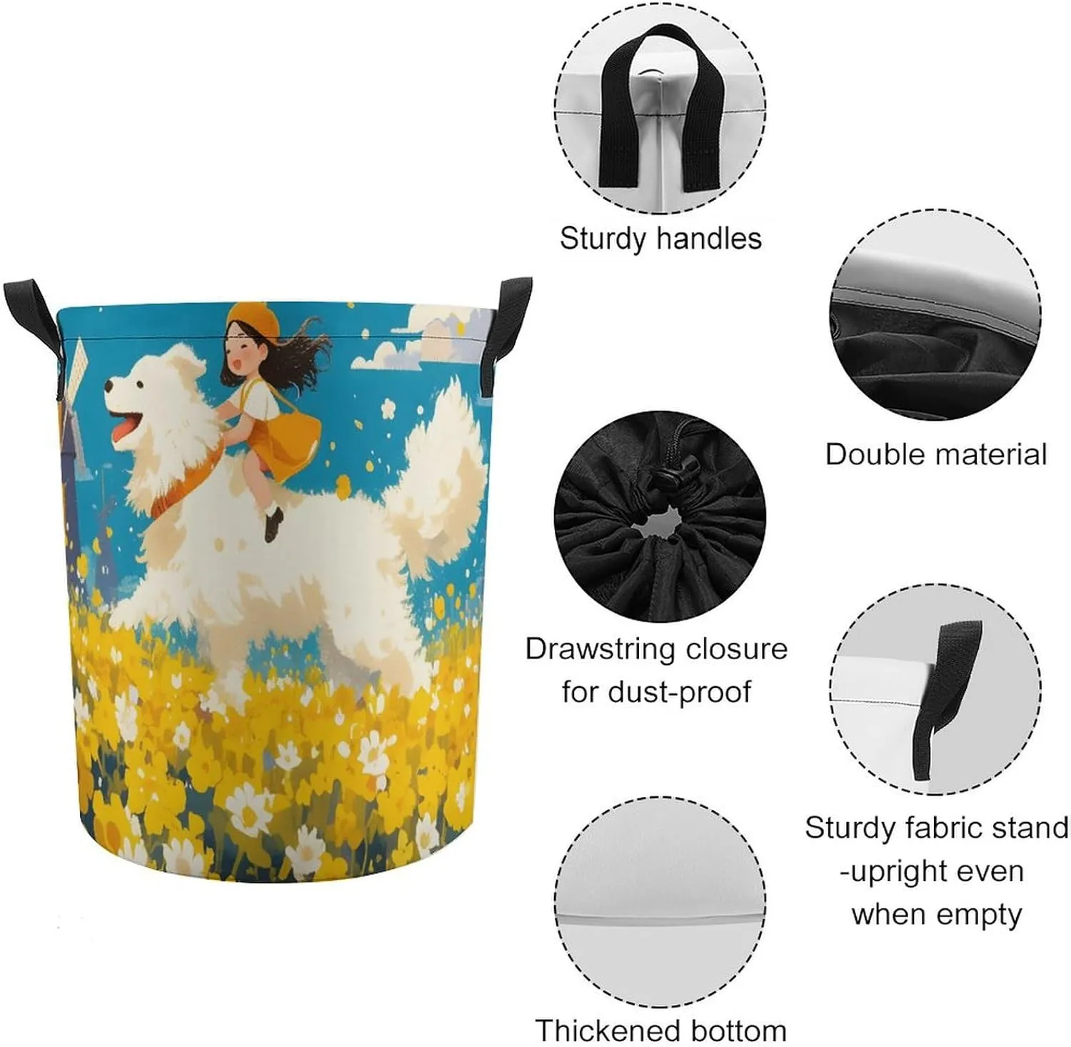 Laundry Hampers, Large Drawstring Laundry Bag, Removable Laundry Bags, Collapsible Storage Bin with Handles for Home Organization, Kids Room, Nursery Happy