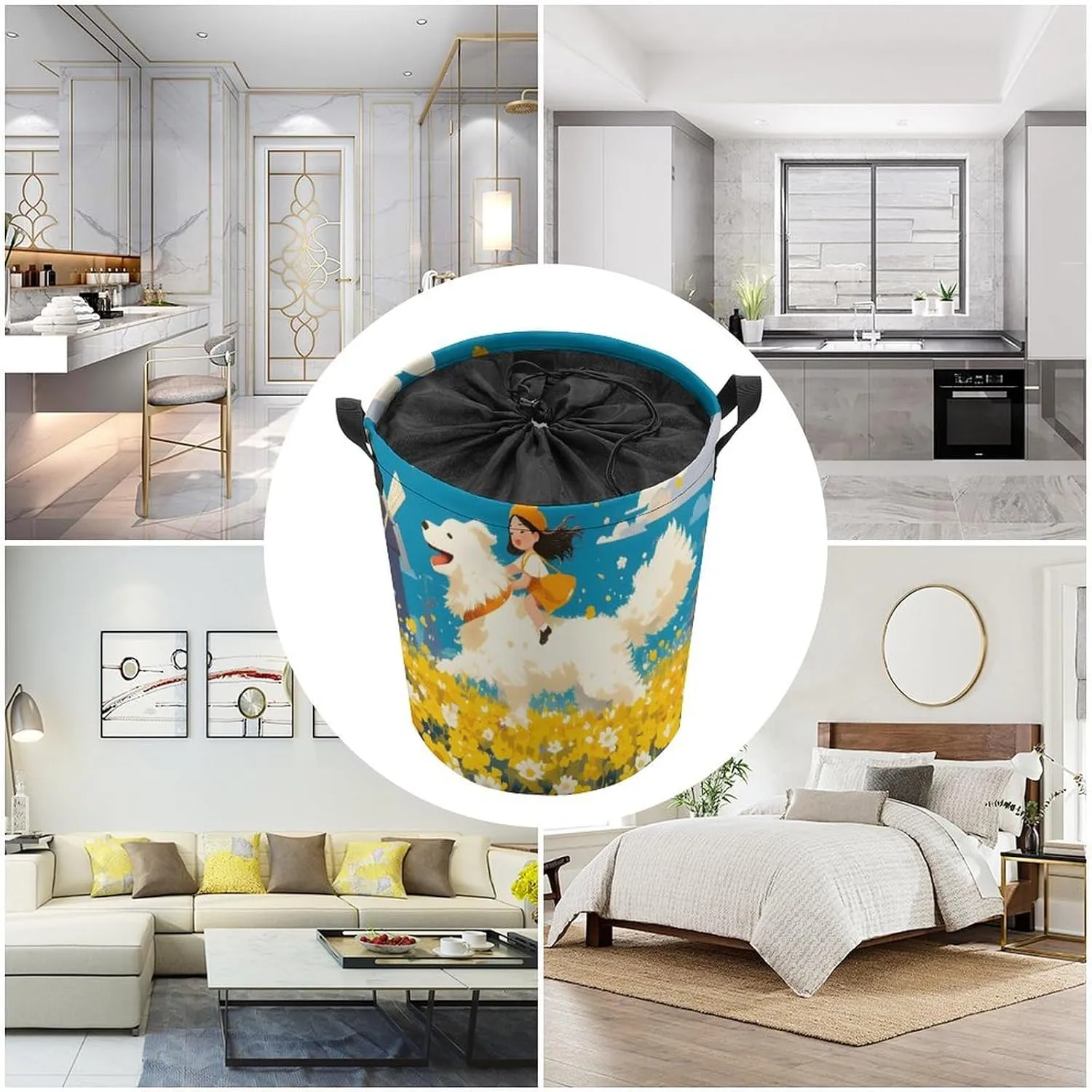 Laundry Hampers, Large Drawstring Laundry Bag, Removable Laundry Bags, Collapsible Storage Bin with Handles for Home Organization, Kids Room, Nursery Happy