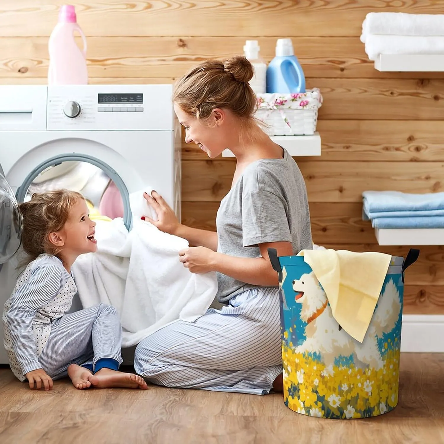 Laundry Hampers, Large Drawstring Laundry Bag, Removable Laundry Bags, Collapsible Storage Bin with Handles for Home Organization, Kids Room, Nursery Happy