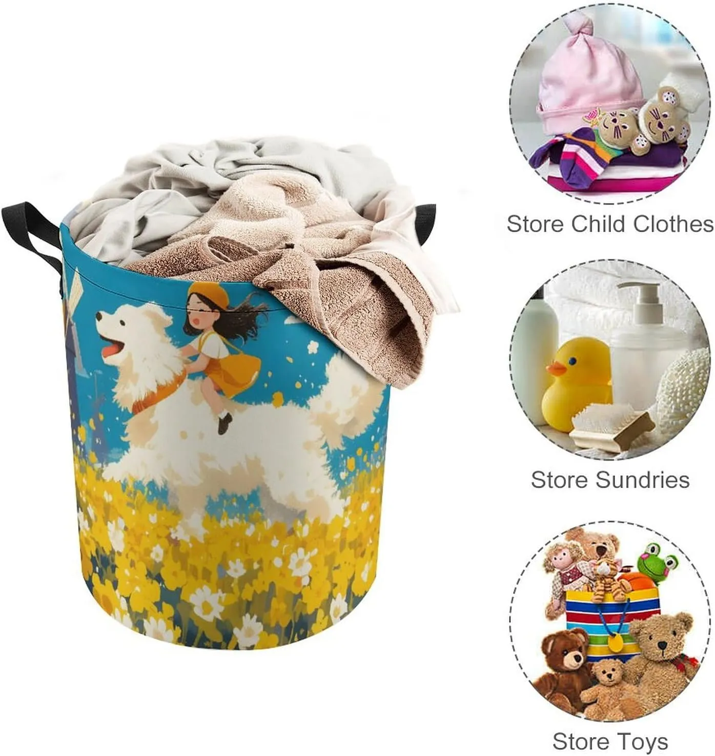 Laundry Hampers, Large Drawstring Laundry Bag, Removable Laundry Bags, Collapsible Storage Bin with Handles for Home Organization, Kids Room, Nursery Happy