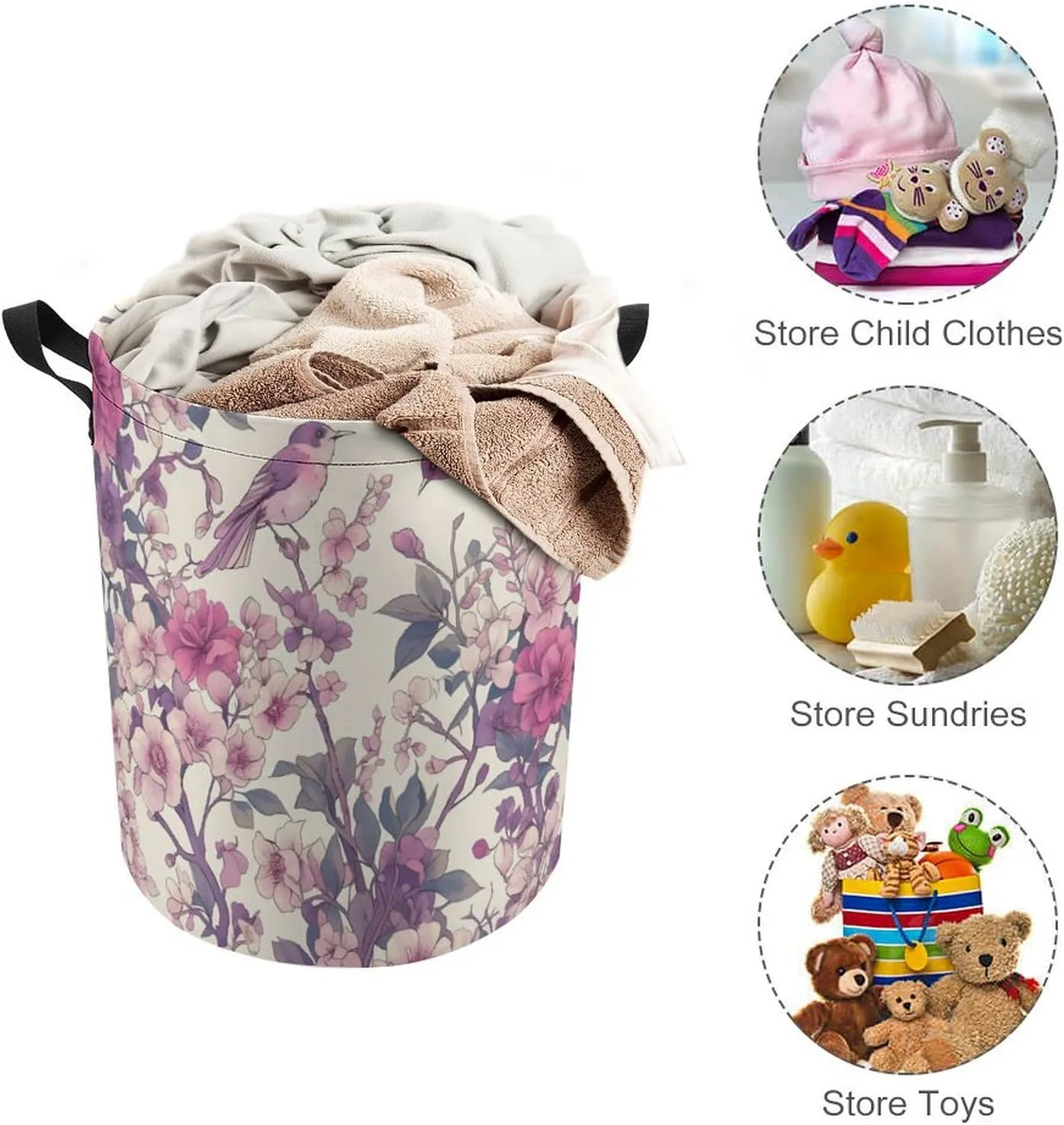 Laundry Hampers, Large Drawstring Laundry Bag, Removable Laundry Bags, Collapsible Storage Bin with Handles for Home Organization, Kids Room, Nursery Petal