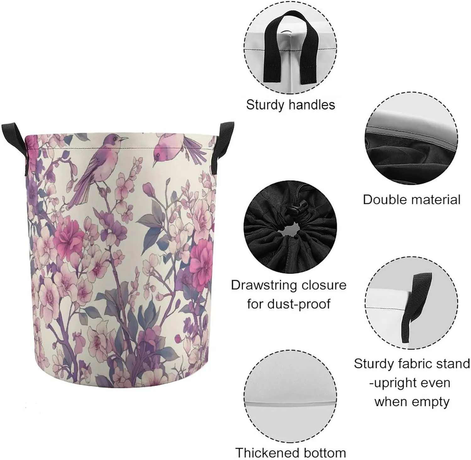 Laundry Hampers, Large Drawstring Laundry Bag, Removable Laundry Bags, Collapsible Storage Bin with Handles for Home Organization, Kids Room, Nursery Petal