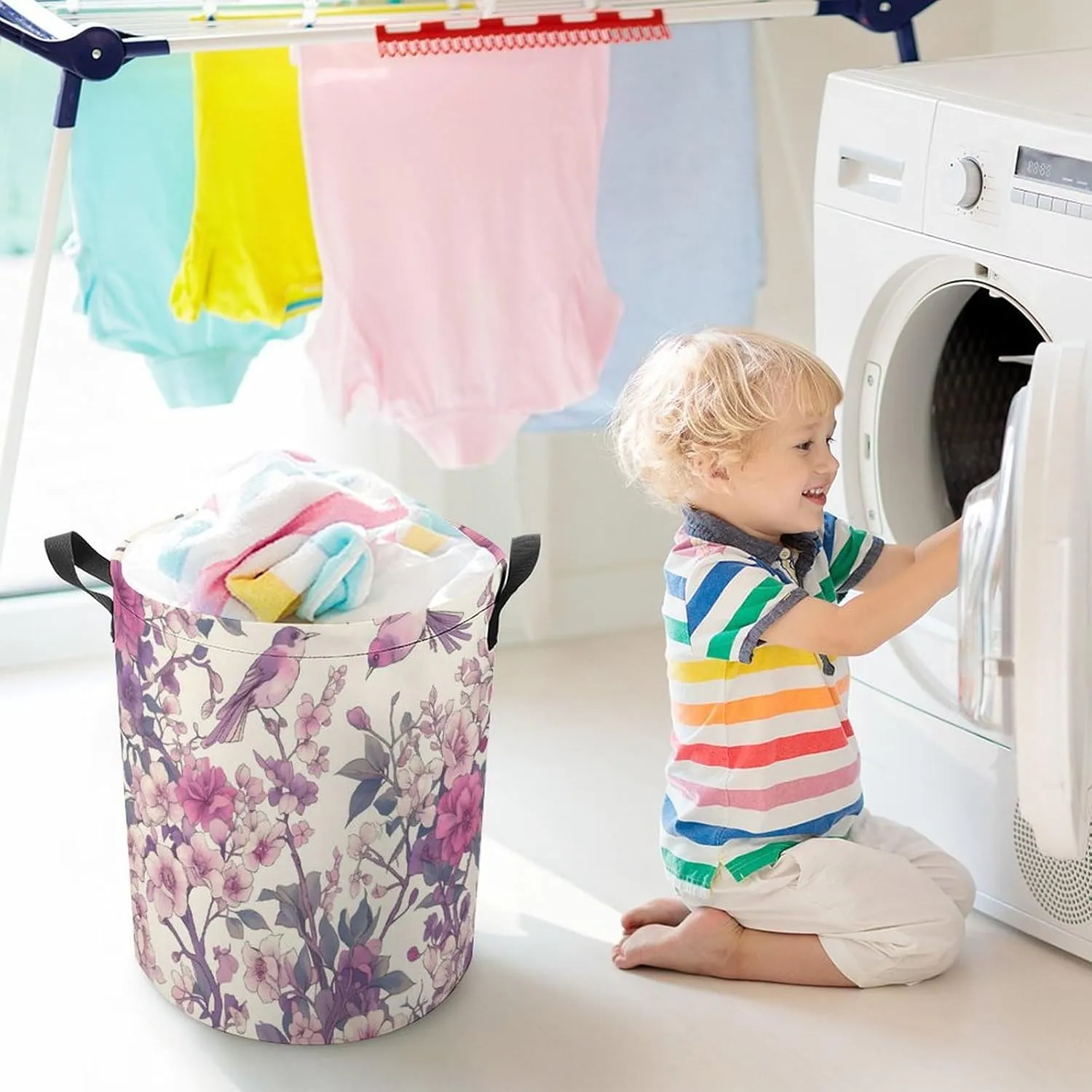 Laundry Hampers, Large Drawstring Laundry Bag, Removable Laundry Bags, Collapsible Storage Bin with Handles for Home Organization, Kids Room, Nursery Petal