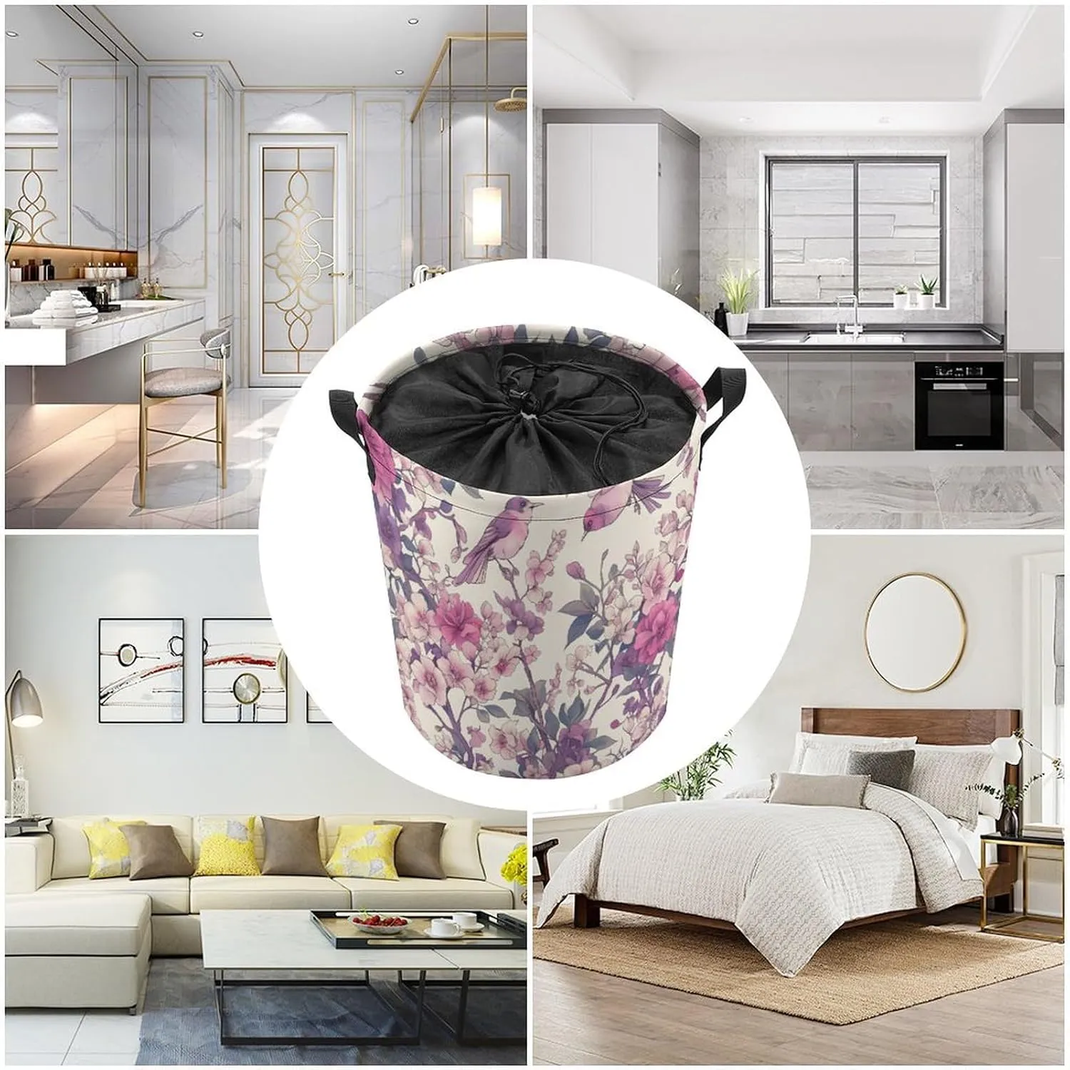 Laundry Hampers, Large Drawstring Laundry Bag, Removable Laundry Bags, Collapsible Storage Bin with Handles for Home Organization, Kids Room, Nursery Petal