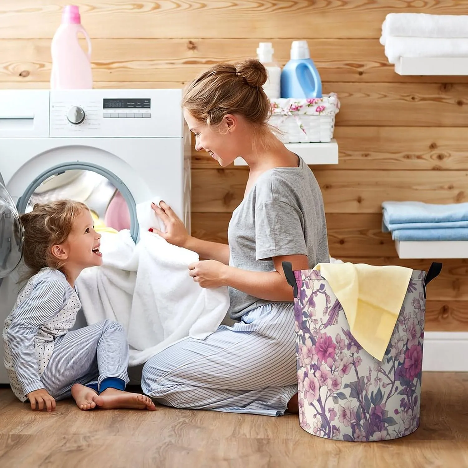 Laundry Hampers, Large Drawstring Laundry Bag, Removable Laundry Bags, Collapsible Storage Bin with Handles for Home Organization, Kids Room, Nursery Petal