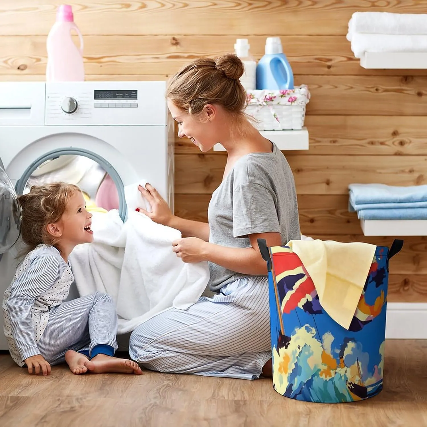 Laundry Hampers, Large Drawstring Laundry Bag, Removable Laundry Bags, Collapsible Storage Bin with Handles for Home Organization, Kids Room, Nursery Symmetry