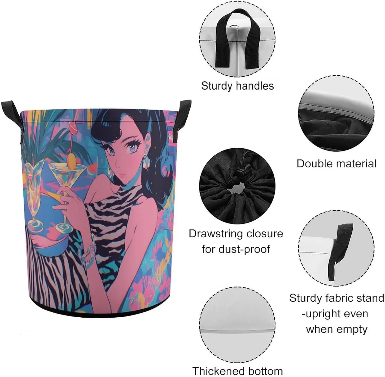 Laundry Hampers, Large Drawstring Laundry Bag, Removable Laundry Bags, Collapsible Storage Bin with Handles for Home Organization, Kids Room, Nursery Visual Arts