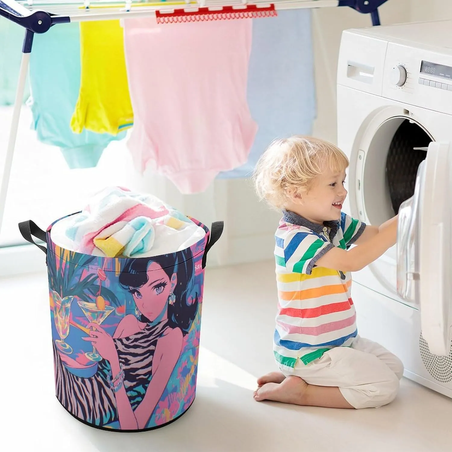 Laundry Hampers, Large Drawstring Laundry Bag, Removable Laundry Bags, Collapsible Storage Bin with Handles for Home Organization, Kids Room, Nursery Visual Arts