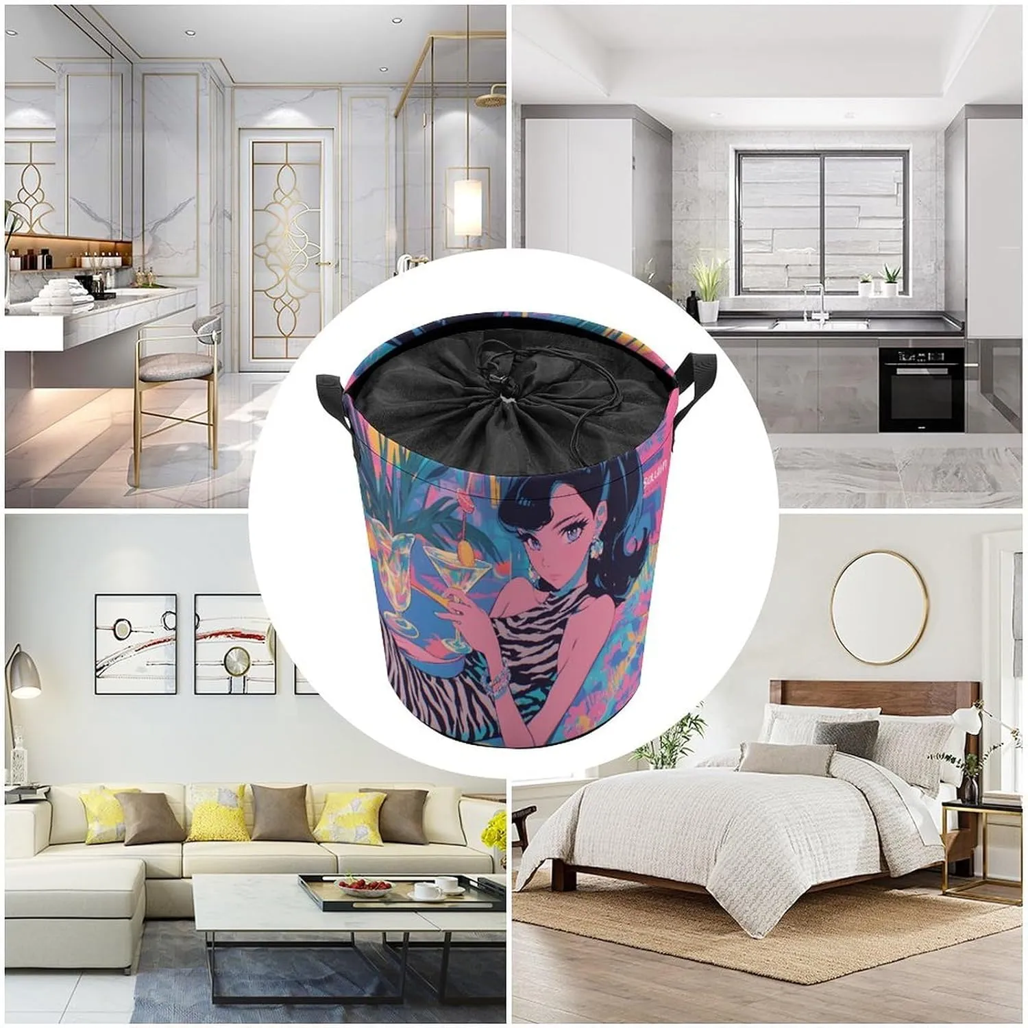 Laundry Hampers, Large Drawstring Laundry Bag, Removable Laundry Bags, Collapsible Storage Bin with Handles for Home Organization, Kids Room, Nursery Visual Arts