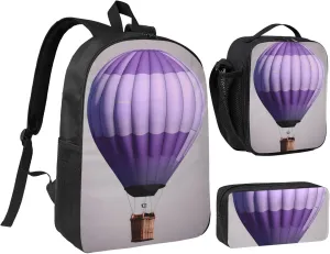 Lavender Hot Air Balloon print Backpack Set Casual Shoulder Bag Lunch Bag Pen Pouch 3 in 1 Set 17inch for Women Men College