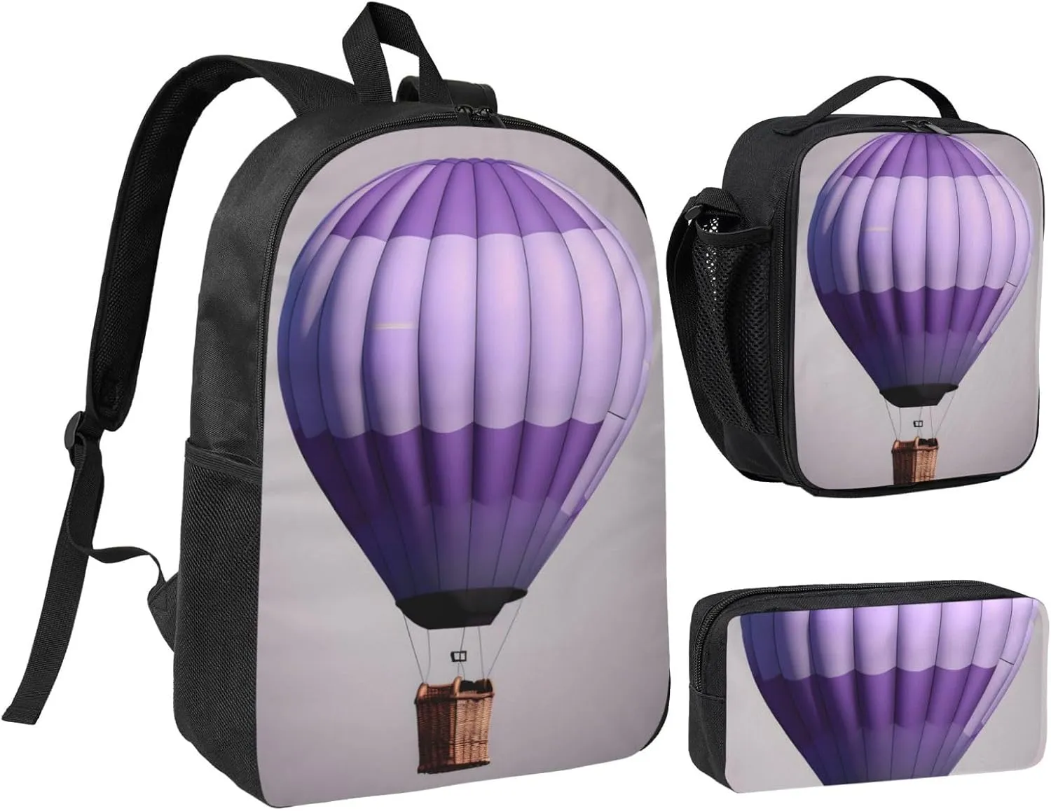 Lavender Hot Air Balloon print Backpack Set Casual Shoulder Bag Lunch Bag Pen Pouch 3 in 1 Set 17inch for Women Men College