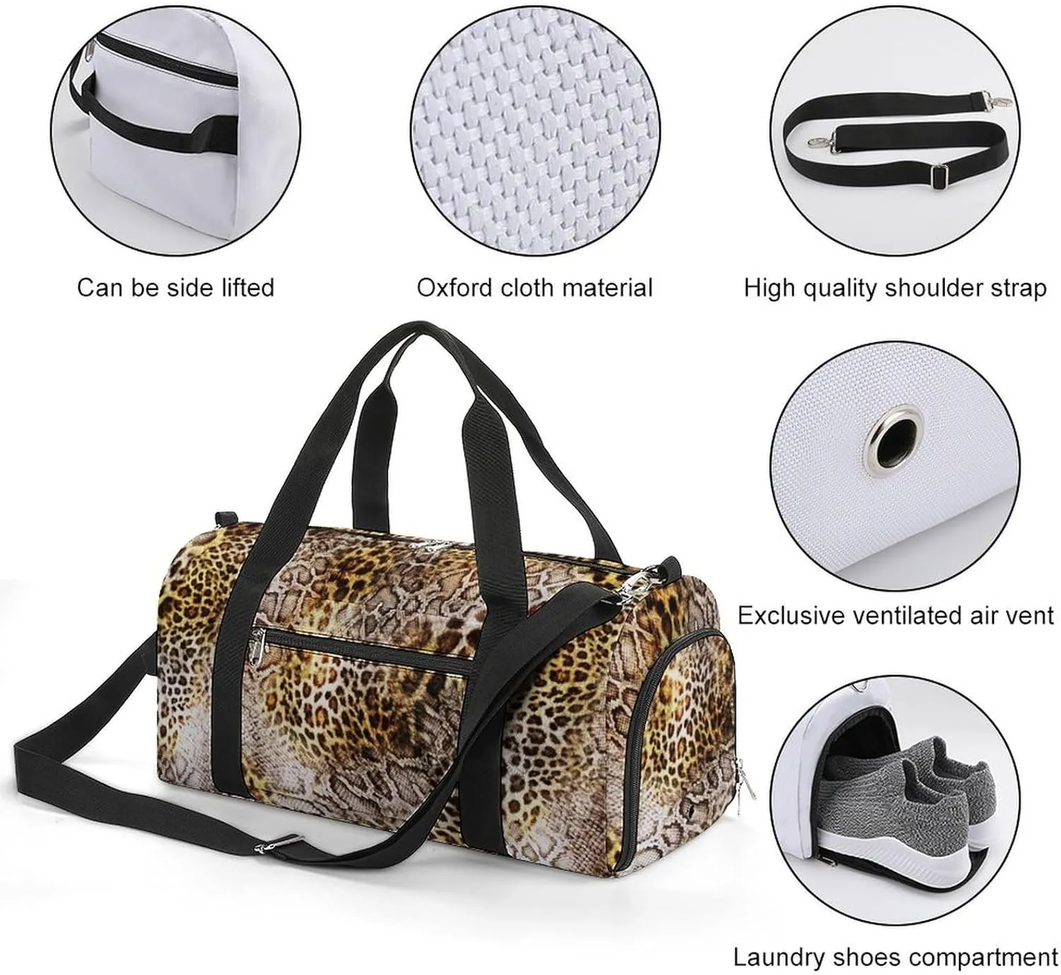 Leopard Skin with Snake Texture Fitness Large Gym Bag for Unisex with Shoe Compartment & Wet Pocket