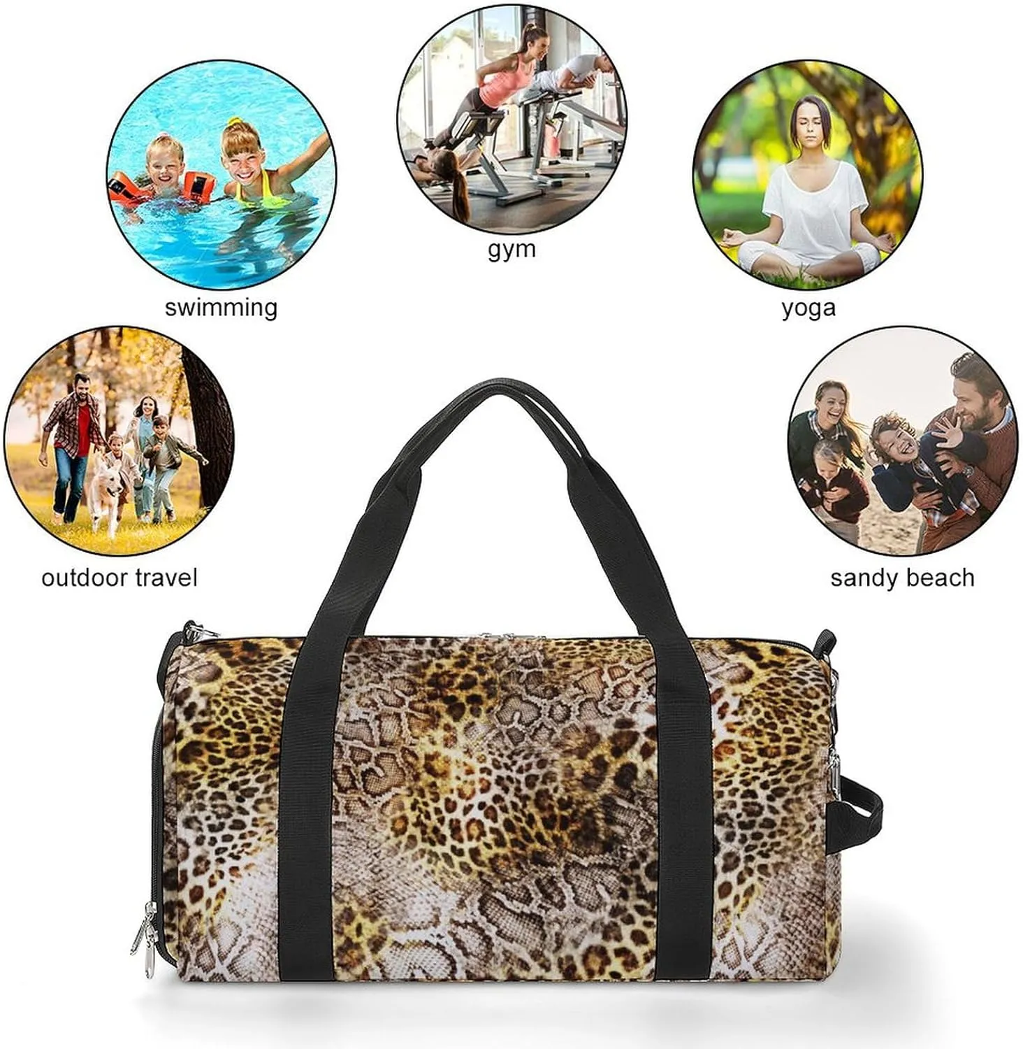 Leopard Skin with Snake Texture Fitness Large Gym Bag for Unisex with Shoe Compartment & Wet Pocket