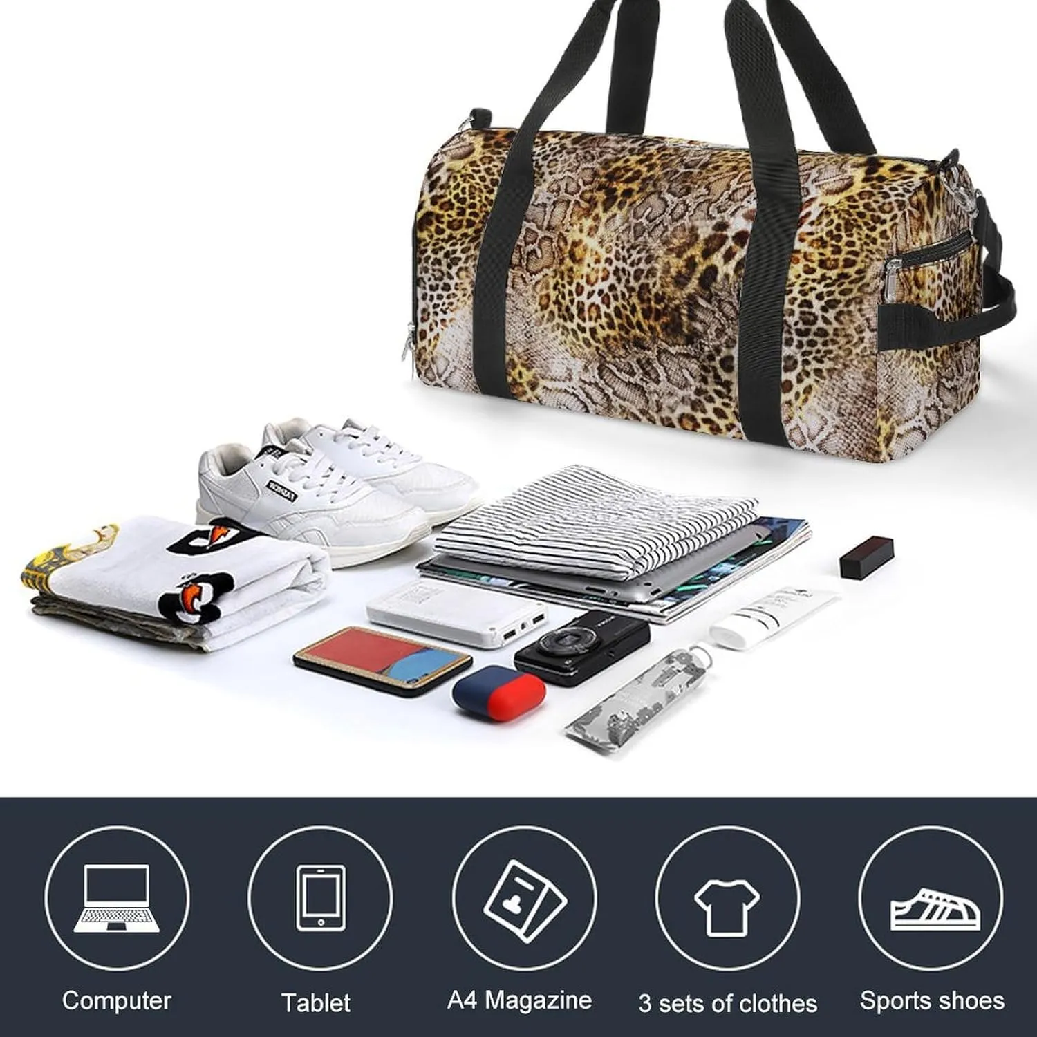 Leopard Skin with Snake Texture Fitness Large Gym Bag for Unisex with Shoe Compartment & Wet Pocket