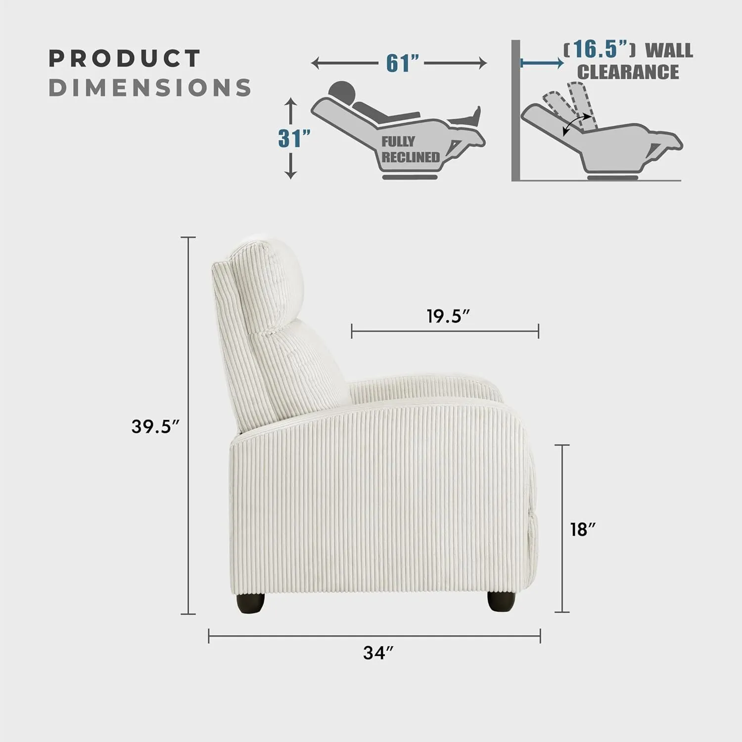 Lexicon Corduroy Pushback Recliner Chair Armchair Push Back Recliner, Solid Wood Frame and Metal Base, Easy Assembly Small Soft Single Sofa Accent Chair for Living Room/Office/Apartment, Beige