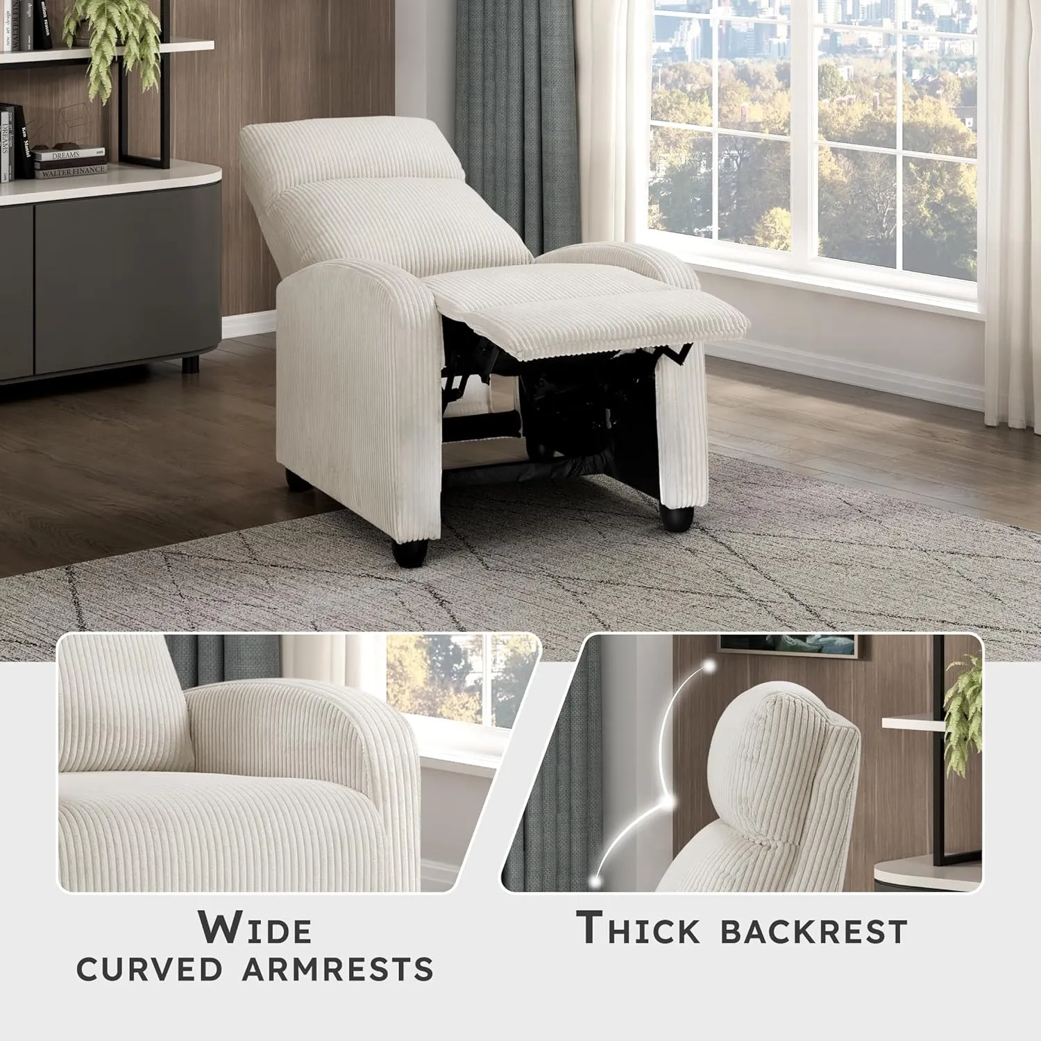 Lexicon Corduroy Pushback Recliner Chair Armchair Push Back Recliner, Solid Wood Frame and Metal Base, Easy Assembly Small Soft Single Sofa Accent Chair for Living Room/Office/Apartment, Beige