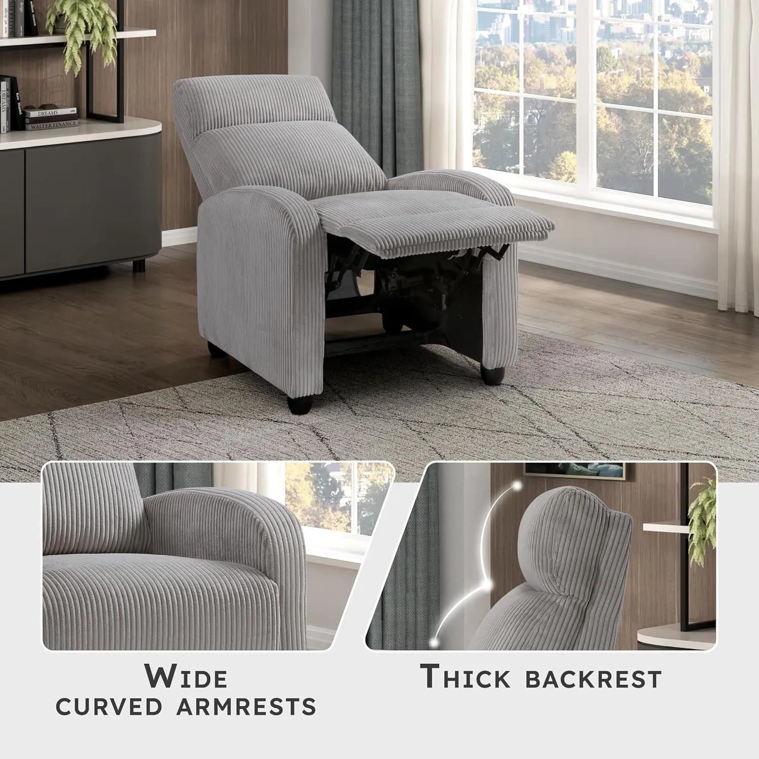 Lexicon Corduroy Pushback Recliner Chair Armchair Push Back Recliner, Solid Wood Frame and Metal Base, Easy Assembly Small Soft Single Sofa Accent Chair for Living Room/Office/Apartment, Light Grey
