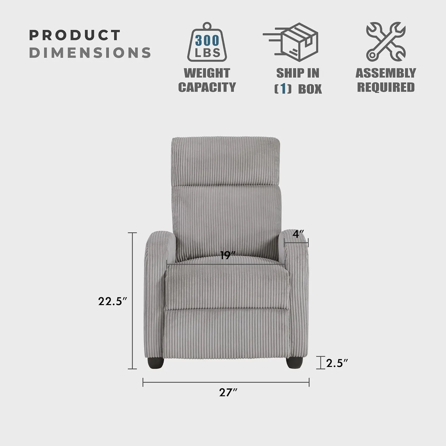 Lexicon Corduroy Pushback Recliner Chair Armchair Push Back Recliner, Solid Wood Frame and Metal Base, Easy Assembly Small Soft Single Sofa Accent Chair for Living Room/Office/Apartment, Light Grey