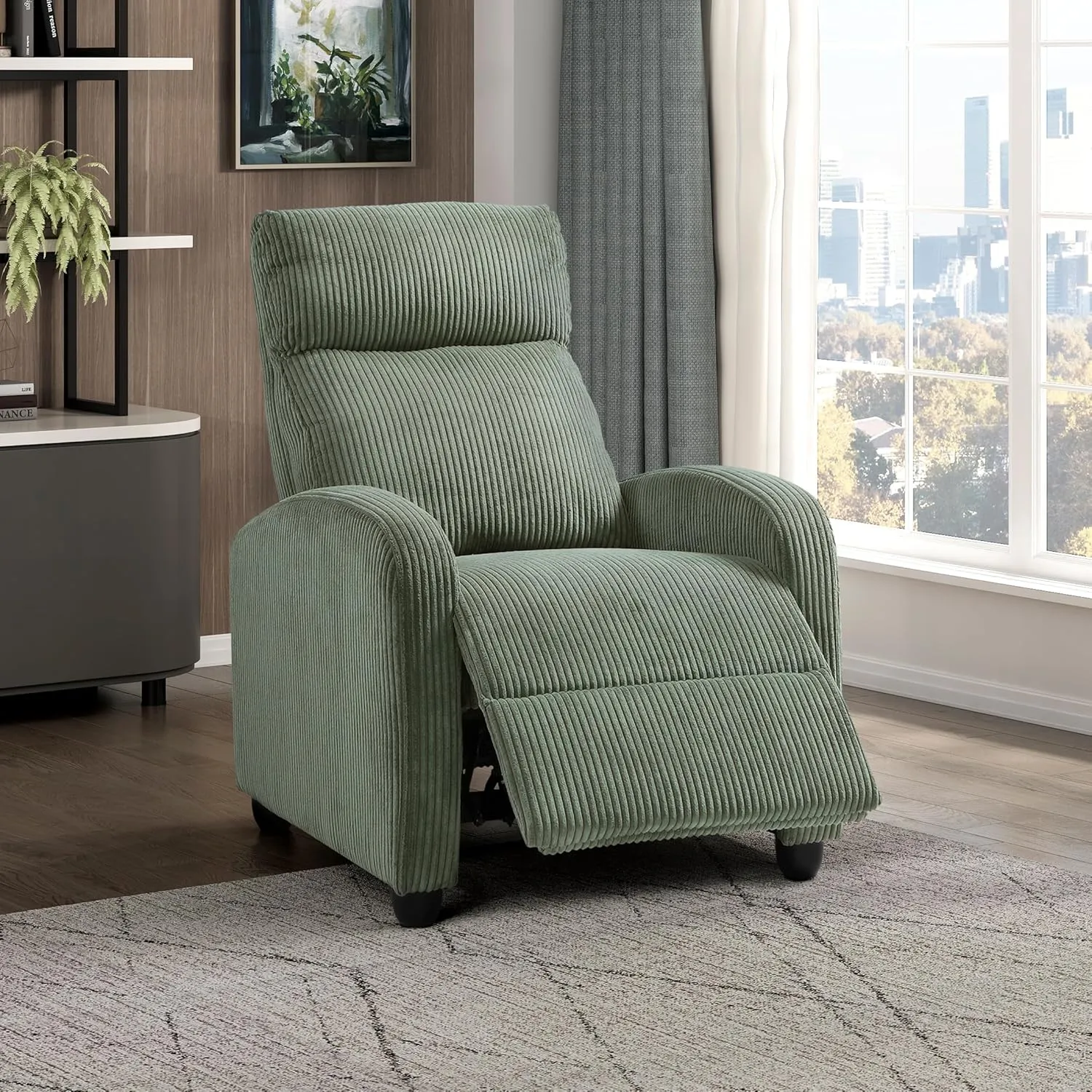 Lexicon Corduroy Pushback Recliner Chair Armchair Push Back Recliner, Solid Wood Frame and Metal Seat Base, Soft Single Sofa Accent Chair for Living Room/Office/Apartment, Easy Assembly, Green