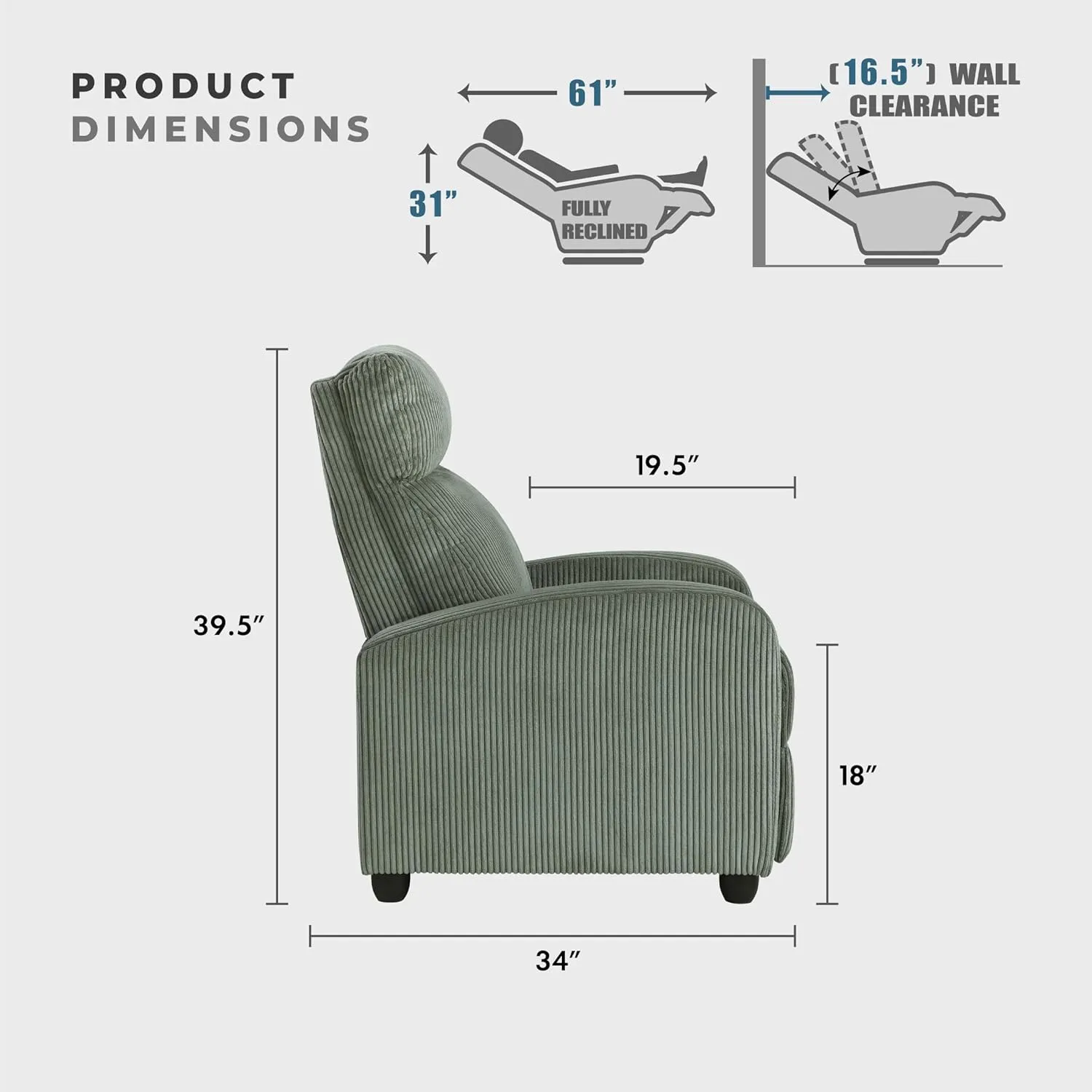Lexicon Corduroy Pushback Recliner Chair Armchair Push Back Recliner, Solid Wood Frame and Metal Seat Base, Soft Single Sofa Accent Chair for Living Room/Office/Apartment, Easy Assembly, Green