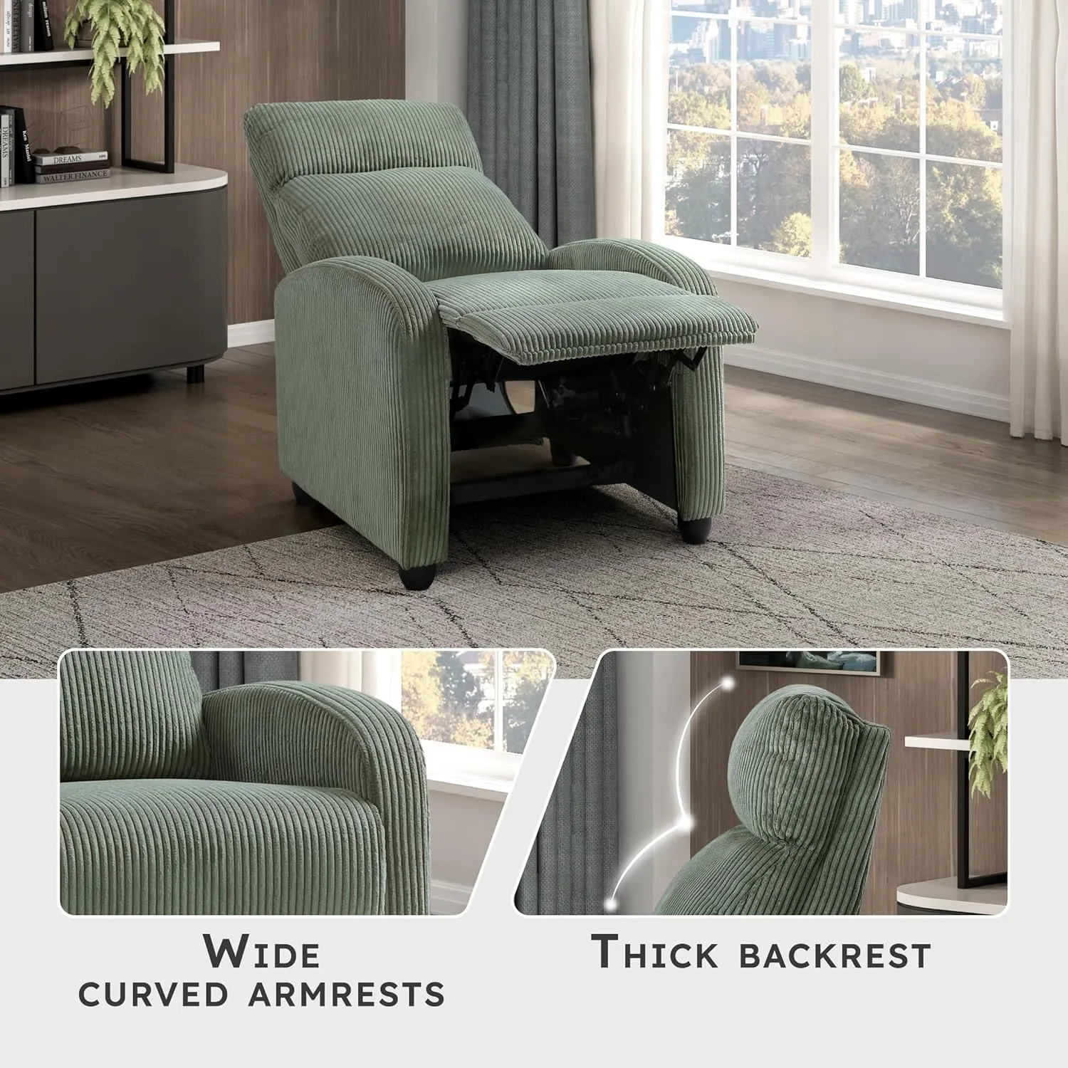 Lexicon Corduroy Pushback Recliner Chair Armchair Push Back Recliner, Solid Wood Frame and Metal Seat Base, Soft Single Sofa Accent Chair for Living Room/Office/Apartment, Easy Assembly, Green