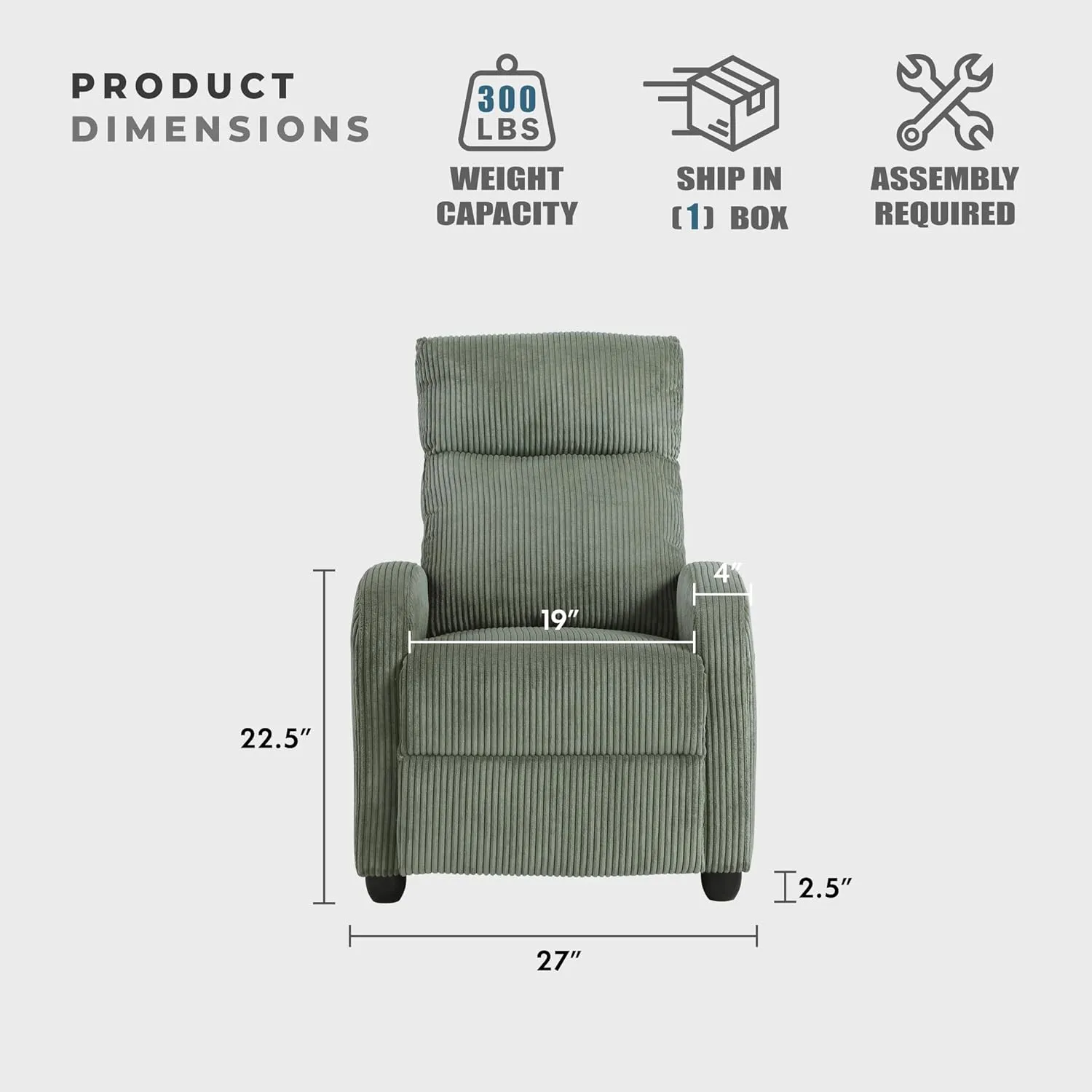 Lexicon Corduroy Pushback Recliner Chair Armchair Push Back Recliner, Solid Wood Frame and Metal Seat Base, Soft Single Sofa Accent Chair for Living Room/Office/Apartment, Easy Assembly, Green
