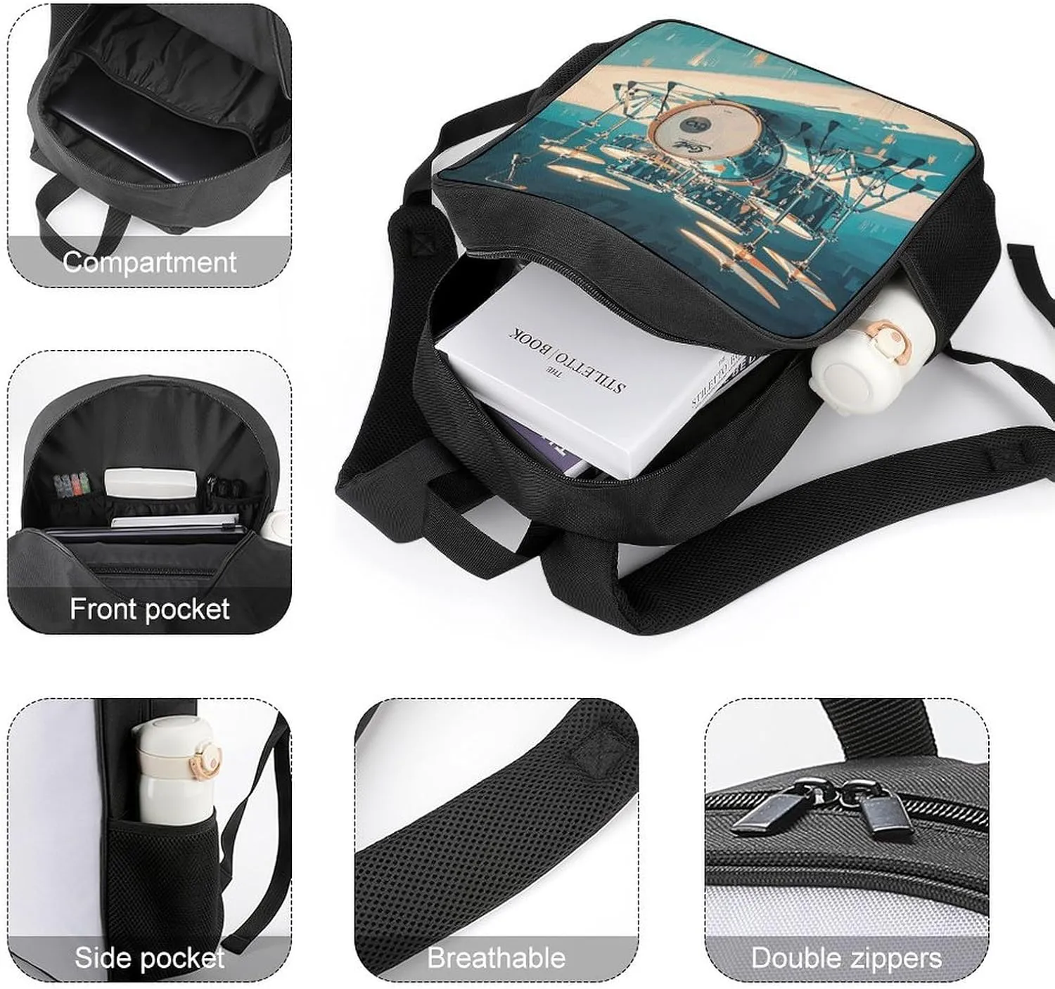 Lightweight Backpacks Cute Travel Bag Durable Cool Drums Set Printing Small Travel Backpack For Women & Men