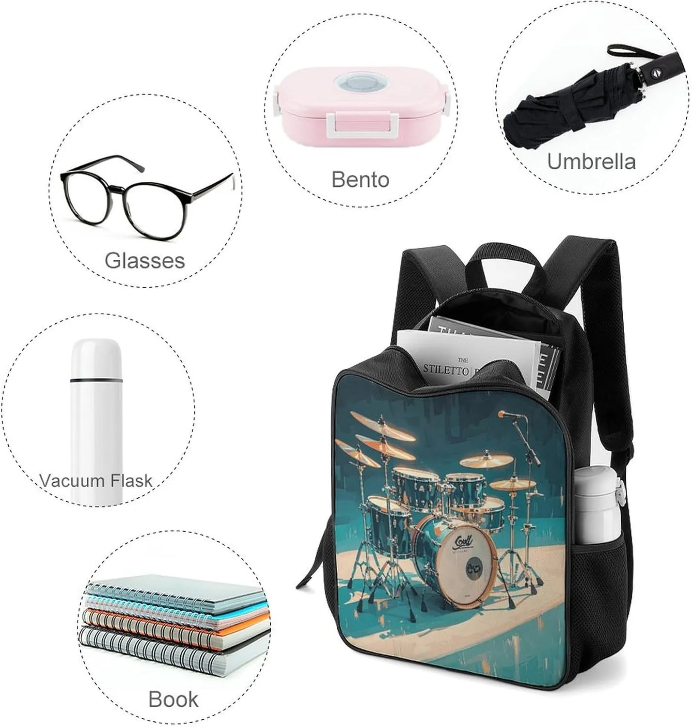 Lightweight Backpacks Cute Travel Bag Durable Cool Drums Set Printing Small Travel Backpack For Women & Men