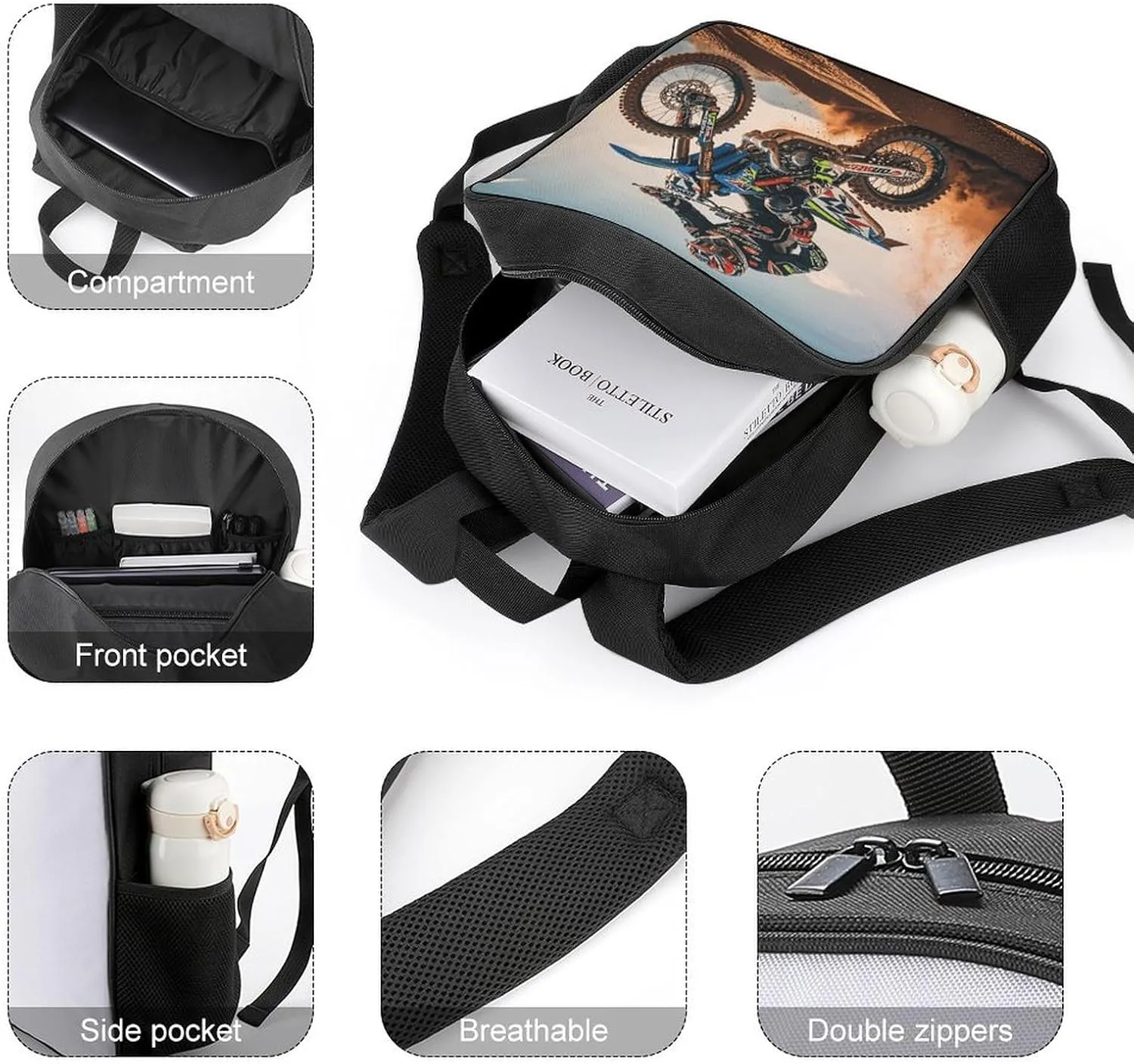 Lightweight Backpacks Cute Travel Bag Durable Sport Motorcycle Theme Printing Small Travel Backpack For Women & Men