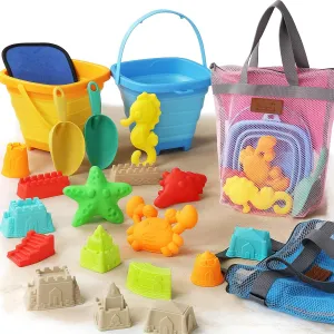 LovesTown Collapsible Beach Toys for Kids,19 PCS Foldable Beach Bucket Set with Mesh Bag & Sand Molds, Sand Toys