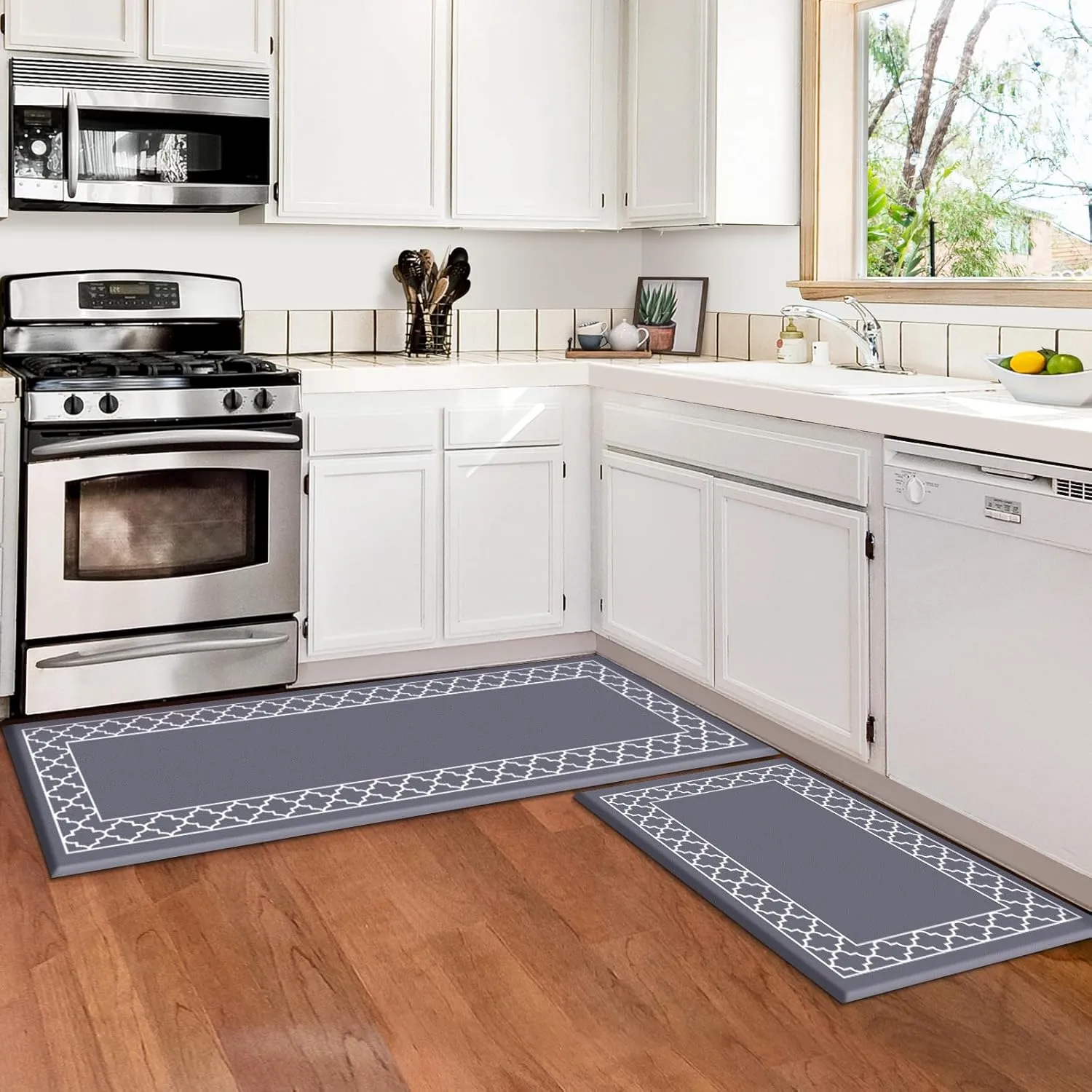 LuxStep Kitchen Mat [2 PCS] Cushioned 0.47 inch Anti Fatigue Kitchen Rug Non Slip Kitchen Mats and Rugs Waterproof Kitchen Rug Comfort Standing Mat for Kitchen, House,Office (Grey)