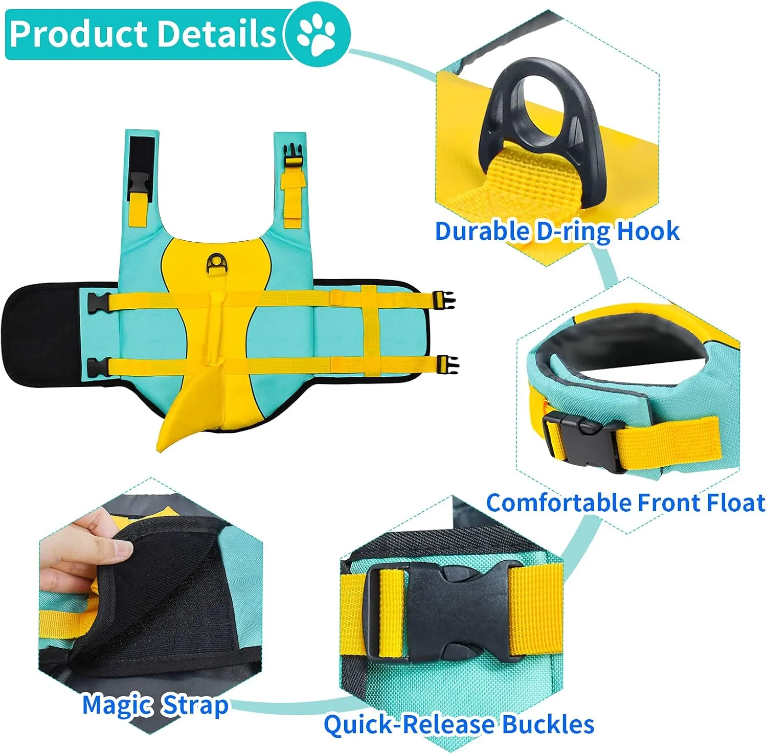 Malier Ripstop Dog Life Vest with High Buoyancy for Swimming & Boating, High Visibility Shark Life Jacket for Small to Large Dogs (Medium)