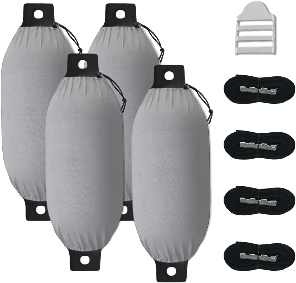 Marine Grade Fade and Tear Resistant Boat Fender Cover Fade and Tear Resistant, 4-Pack Heavy Duty Waterproof Marine Fender Covers Bumper Covers 6" x 18", Gray (Boat Fender Not Included)