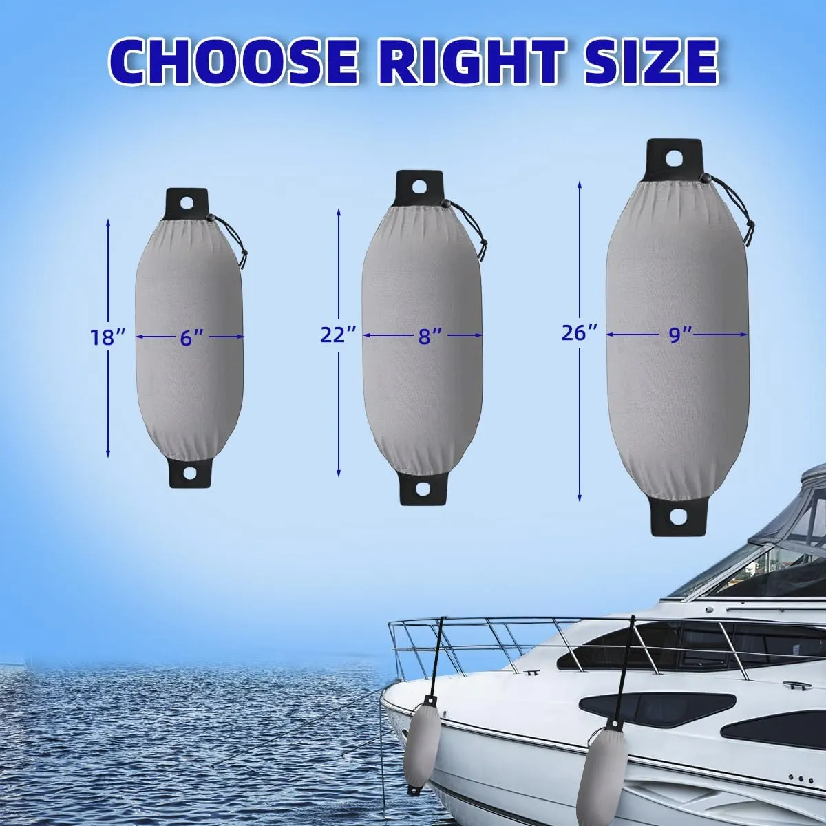Marine Grade Fade and Tear Resistant Boat Fender Cover Fade and Tear Resistant, 4-Pack Heavy Duty Waterproof Marine Fender Covers Bumper Covers 6" x 18", Gray (Boat Fender Not Included)