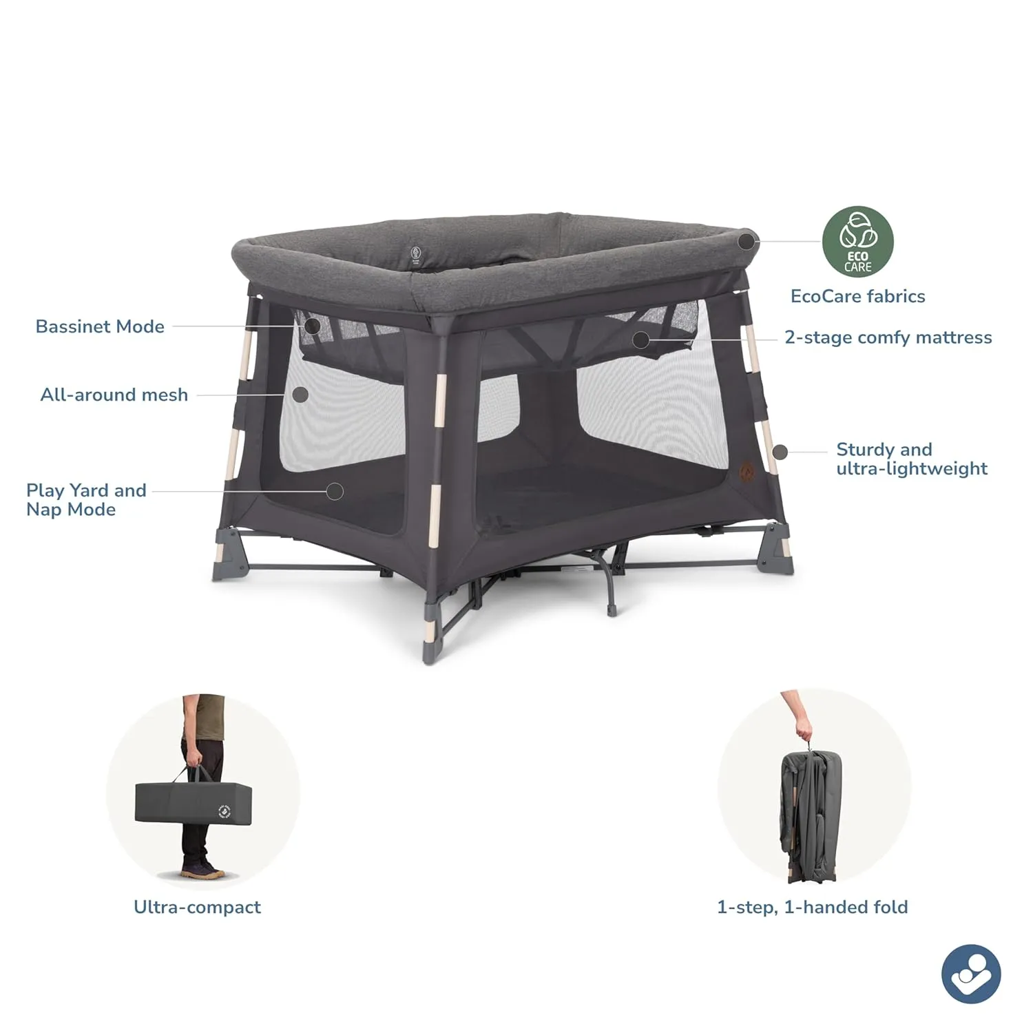Maxi-Cosi Swift Baby Playpen with Mat, Baby Play Yards, Pack and Play with Bassinet - Portable Playpen for Babies and Toddlers, Classic Graphite