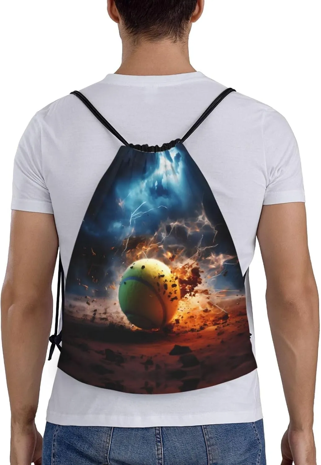 Medium Lightning Tennis Print Lightweight Drawstring Backpack/Waterproof Sports Gym Travel Bag, for Unisex Men Women