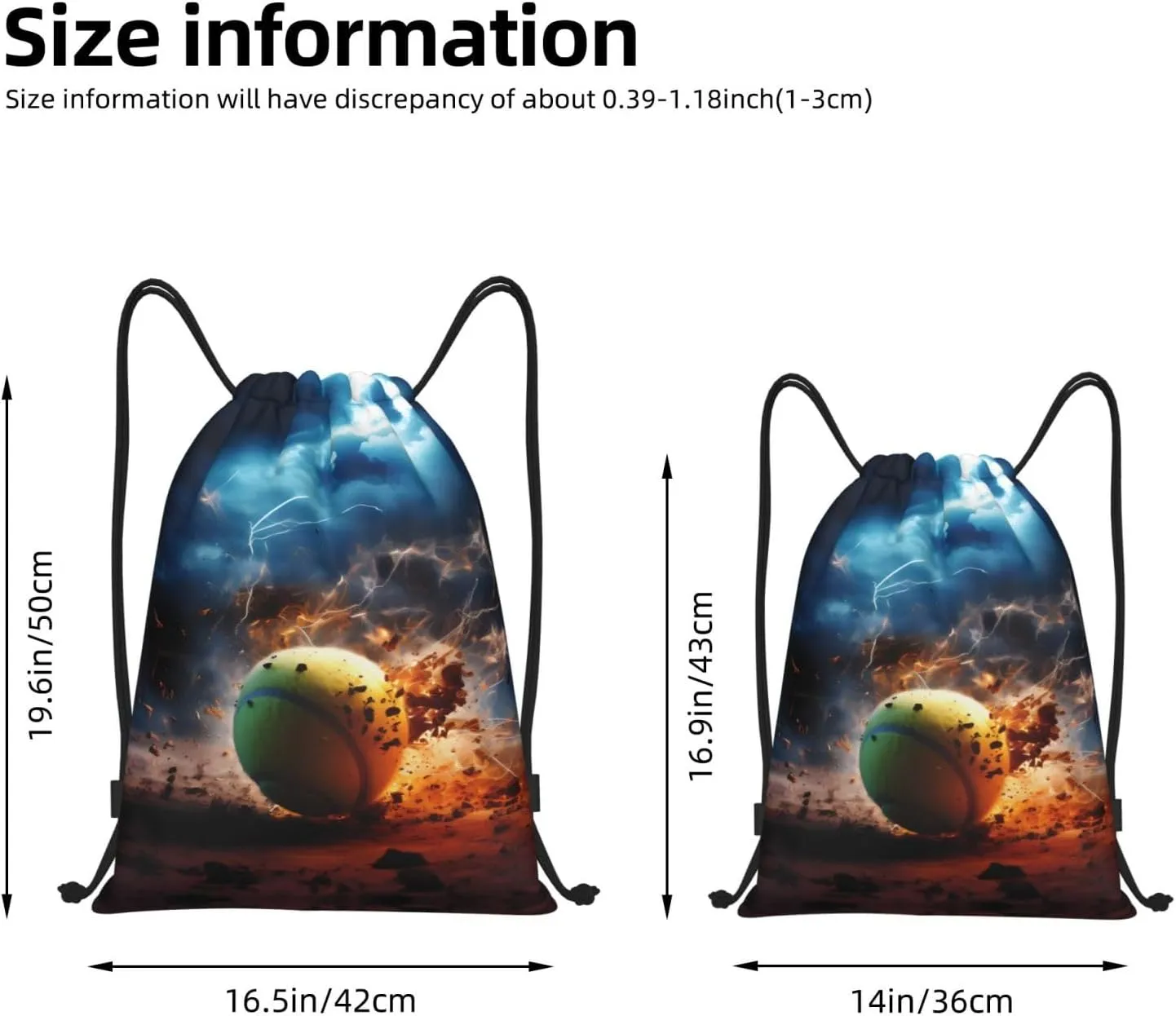Medium Lightning Tennis Print Lightweight Drawstring Backpack/Waterproof Sports Gym Travel Bag, for Unisex Men Women