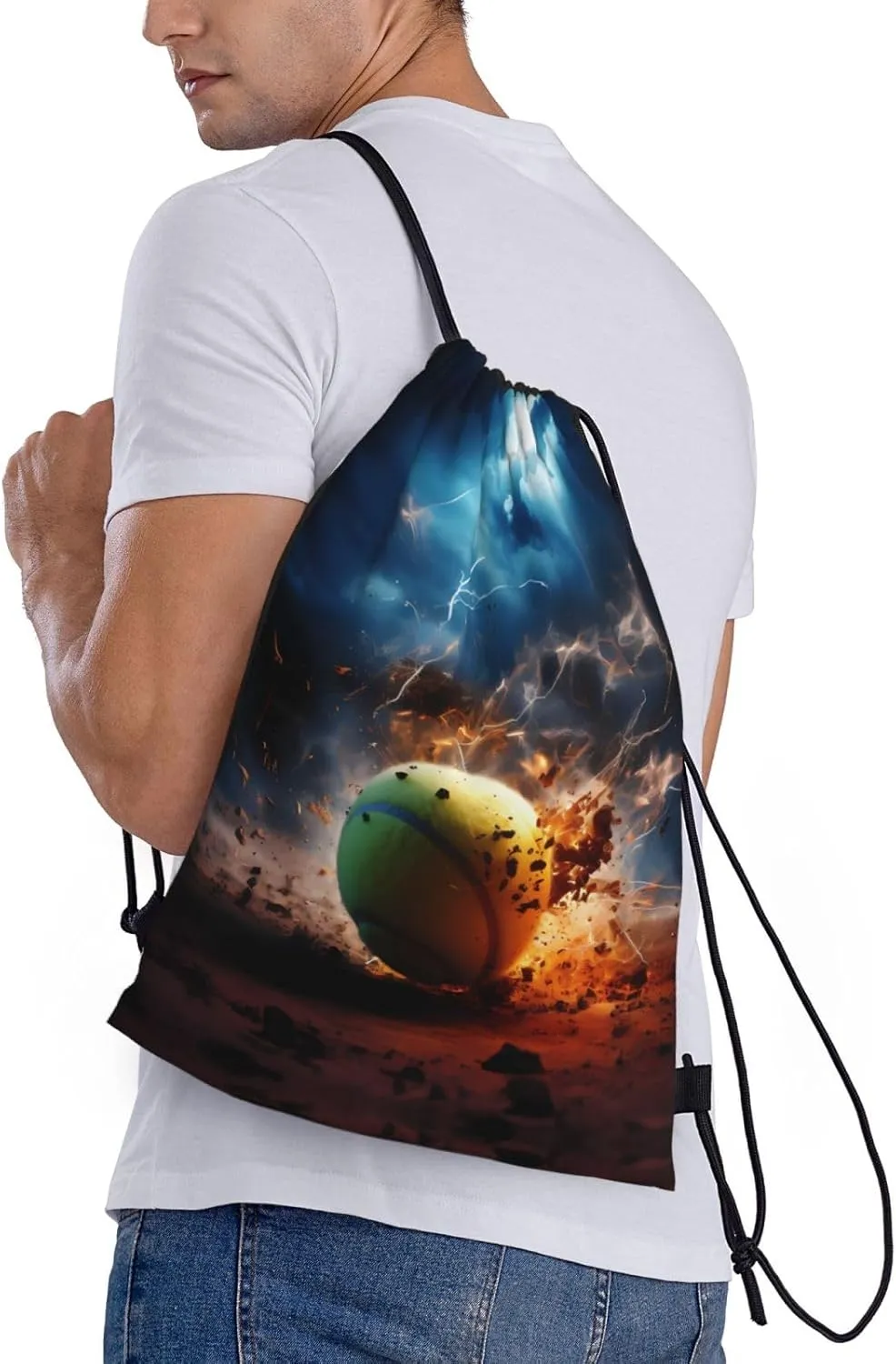 Medium Lightning Tennis Print Lightweight Drawstring Backpack/Waterproof Sports Gym Travel Bag, for Unisex Men Women