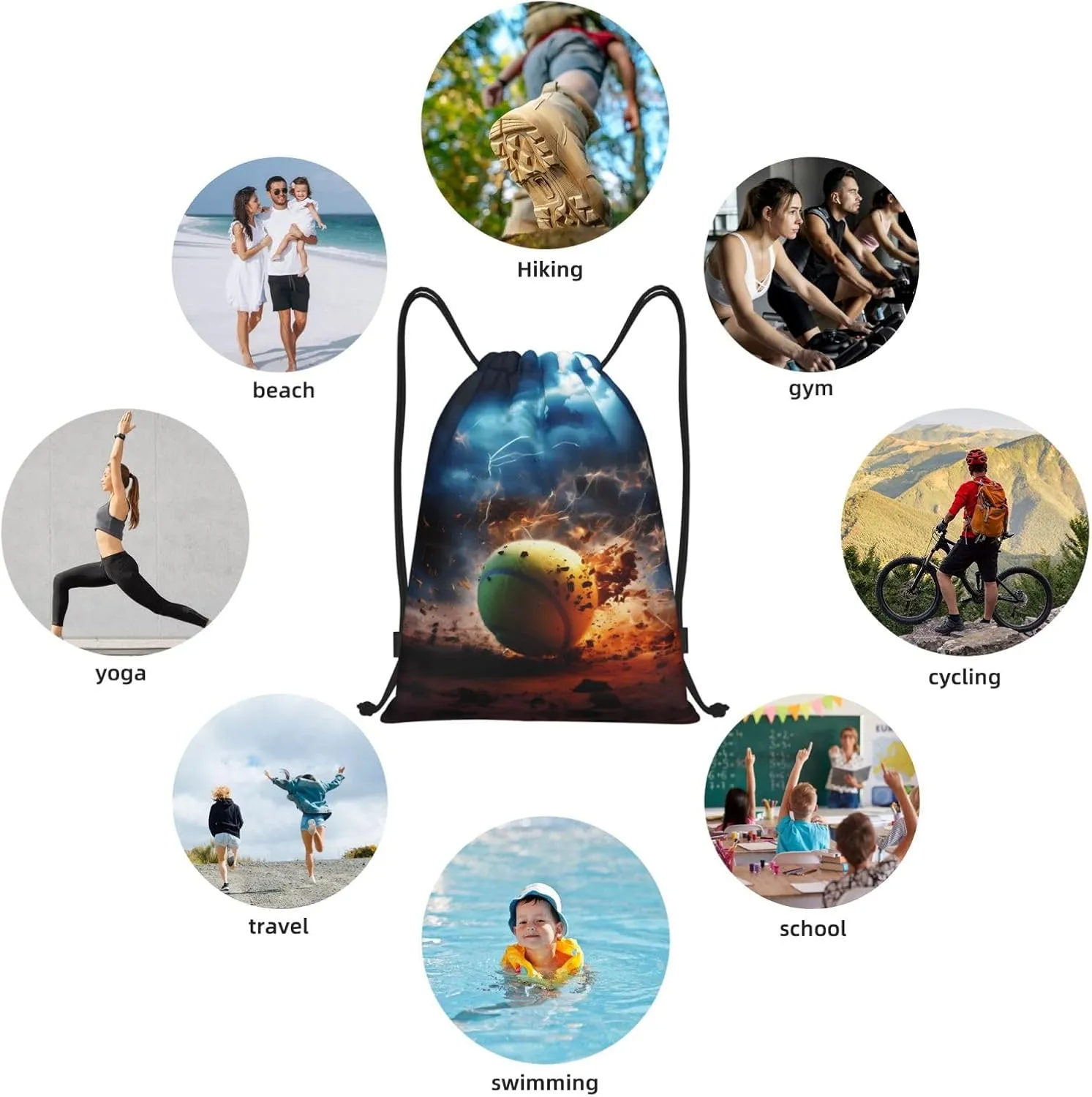 Medium Lightning Tennis Print Lightweight Drawstring Backpack/Waterproof Sports Gym Travel Bag, for Unisex Men Women