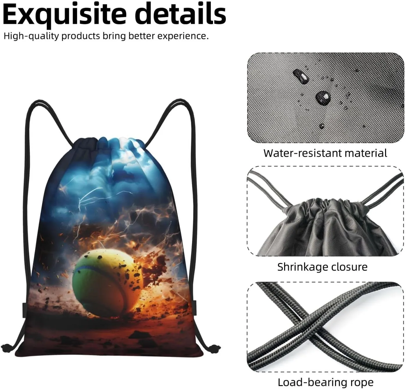 Medium Lightning Tennis Print Lightweight Drawstring Backpack/Waterproof Sports Gym Travel Bag, for Unisex Men Women