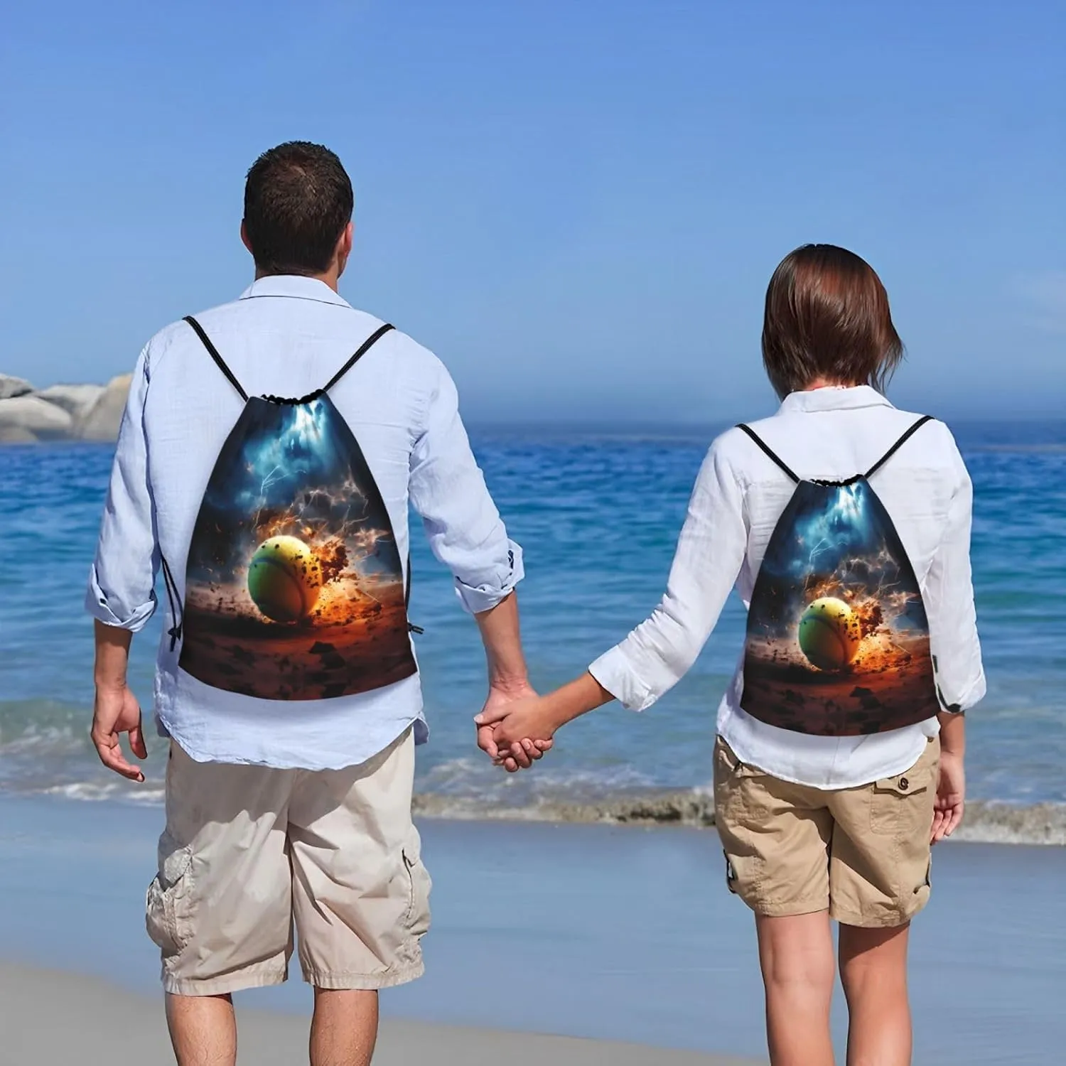 Medium Lightning Tennis Print Lightweight Drawstring Backpack/Waterproof Sports Gym Travel Bag, for Unisex Men Women