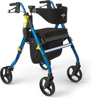 Medline Premium Empower Folding Mobility Rollator Walker with Memory Foam Seat, Black & Blue, 300 lb. Weight Capacity, 8” Wheels, Cupholder, Rolling Walker for Mobility Impairment, Adjustable Handles