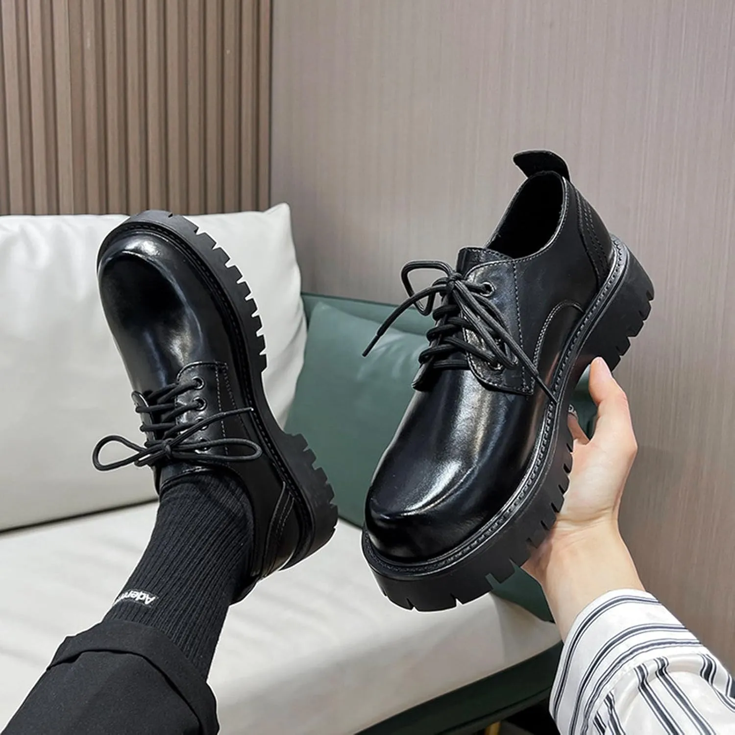 Men's British Style Leather Thick Bottom Oxford Shoes Classic Business Comfortable Non-Slip Platform Formal Leather Shoes