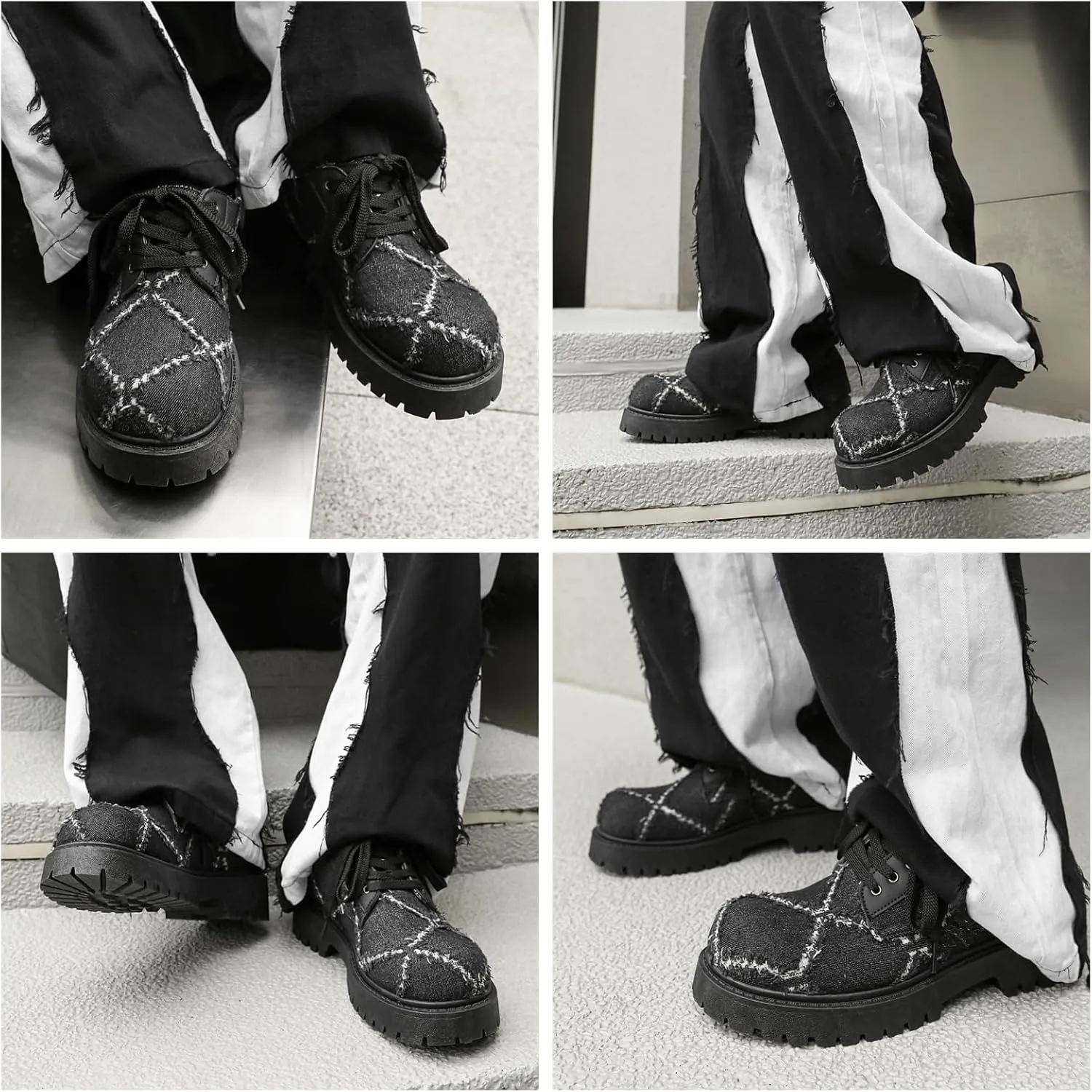 Men's Chunky Distressed Denim Oxford Shoes with Rugged Rubber Sole & Lace-Up Design Anti-Slip Platform Casual Footwear for Street Style & Urban Outdoor Wear