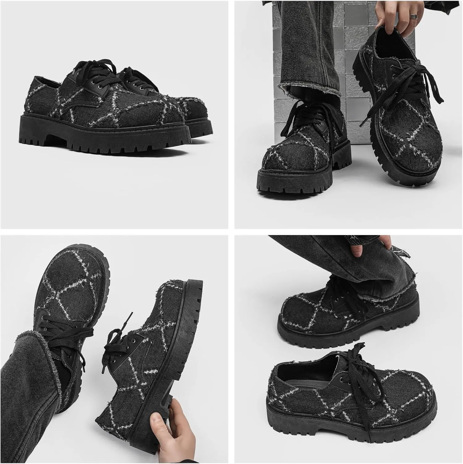 Men's Chunky Distressed Denim Oxford Shoes with Rugged Rubber Sole & Lace-Up Design Anti-Slip Platform Casual Footwear for Street Style & Urban Outdoor Wear